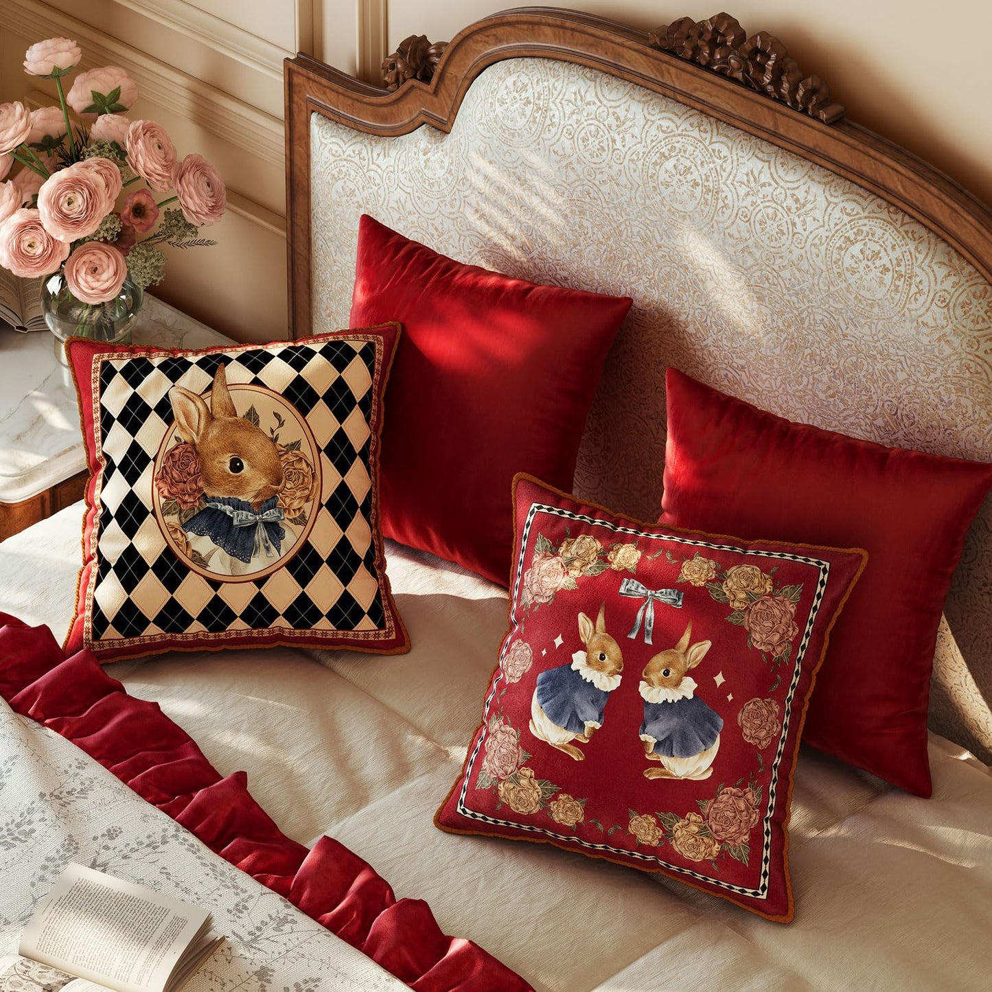 Livebee Bunny Checkered Pillow Cover Decorations, Velvet Euro Sham Covers Decorative Throw Pillow Covers 18x18 for Couch Sofa Bed Home Decor