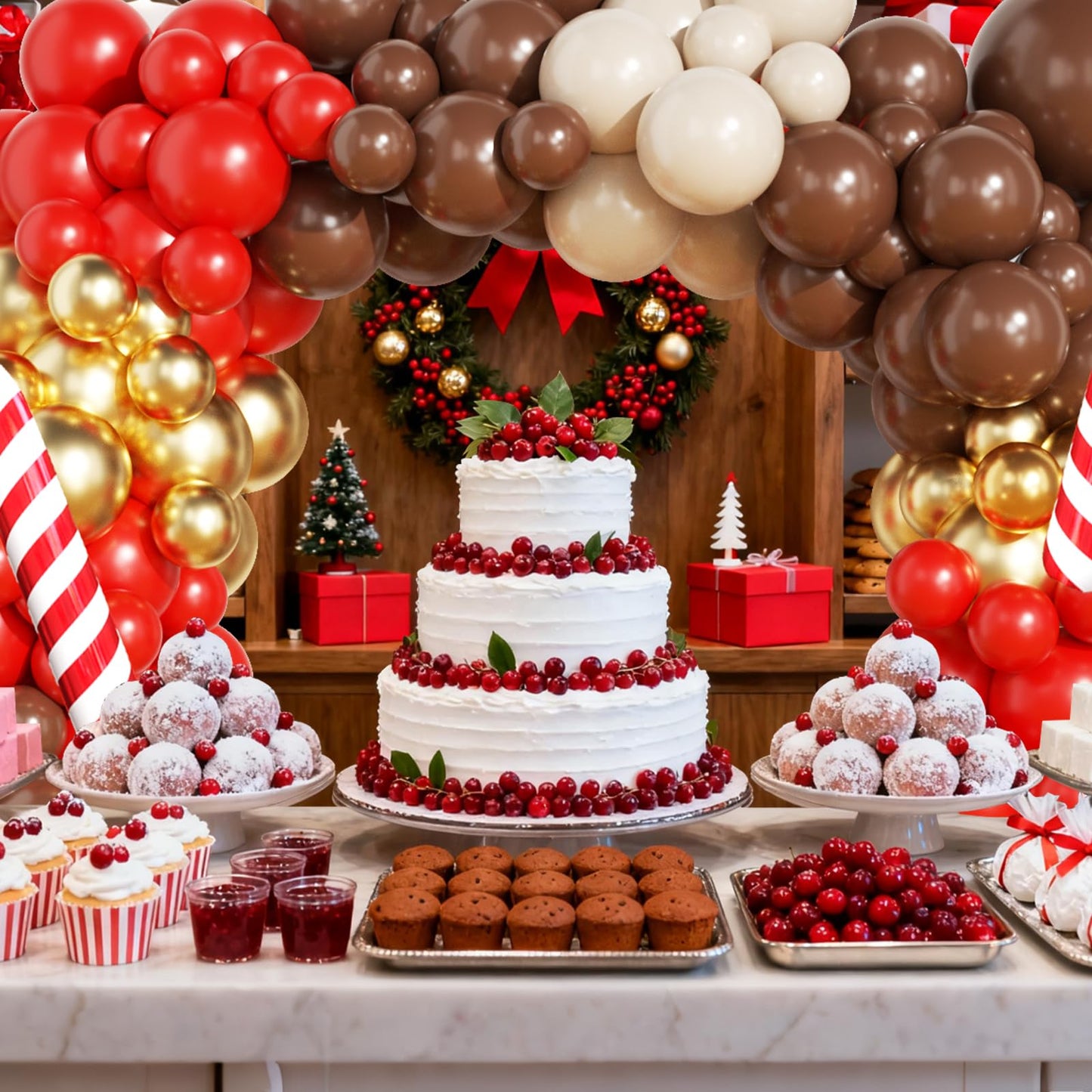 Christmas Reindeer Balloon Arch Garland Kit with 136Pcs Red Brown Sand White Gold Balloons Candy Cane Foil Balloon for Woodland Xmas Winter New Year Party Decorations