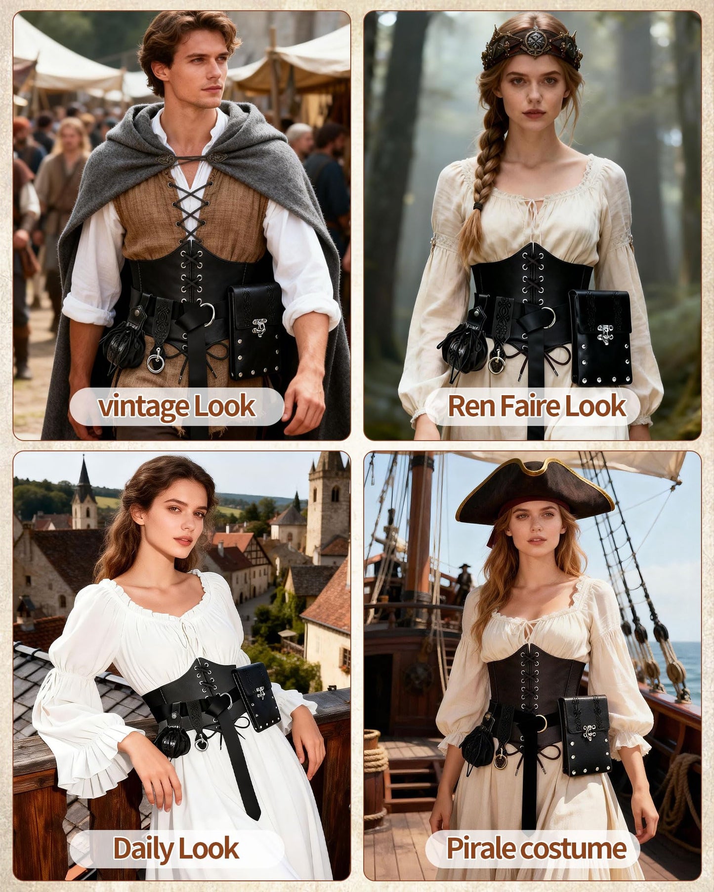 PARTTELY 5Pcs Corset Belt Renaissance Costume Women Pirate Accessories Lace-up Renaissance Corset with Belt Bag Pirate Costume Women for Cosplay