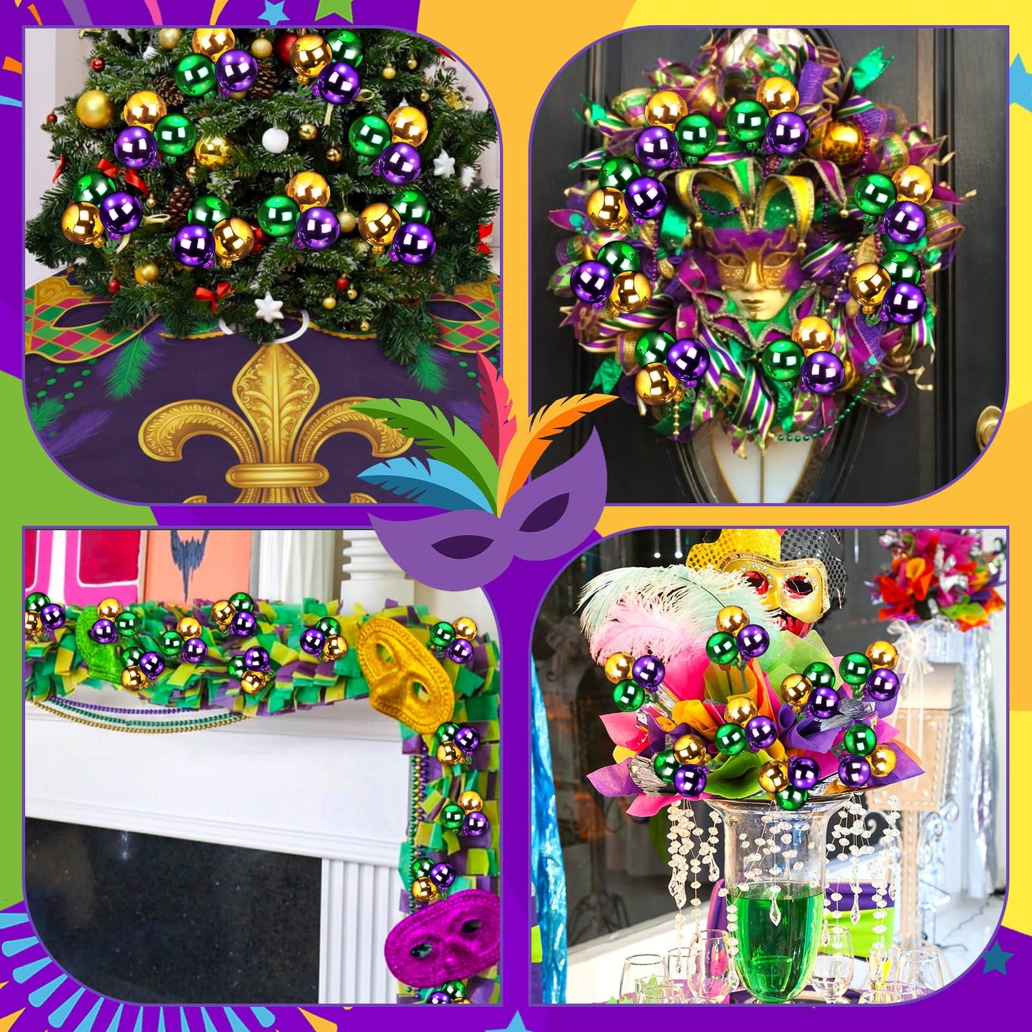 Syhood 12 Set 7.9 Inch Mardi Gras Ball Picks Shatterproof Purple Green and Gold Ball Ornaments on Wired Picks Glitter Carnival Glitter Stems for Mardi Gras Tree Vase DIY Decoration Supplies