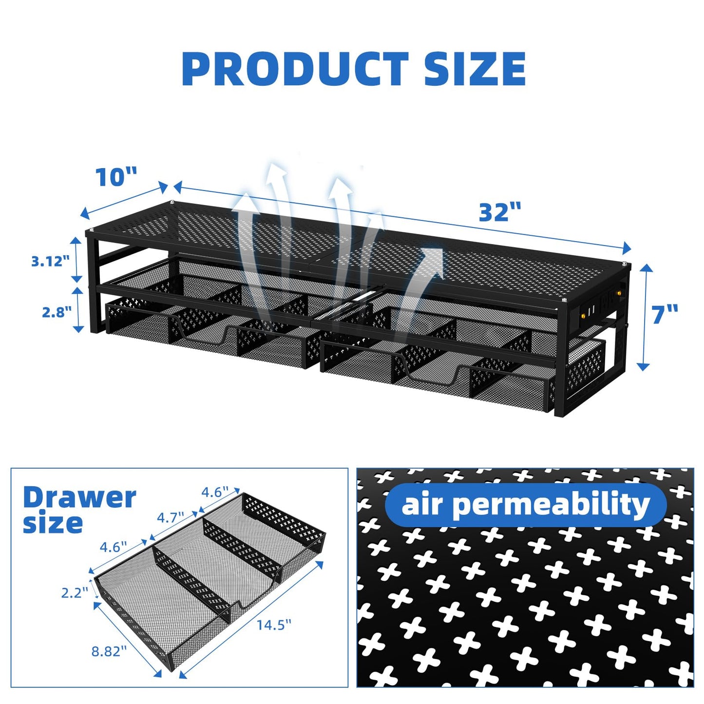 Simple Trending 2 Tier Metal Monitor Stand Riser with USB 2.0 and Charging Prot , Computer Office Desktop Organizer for 2 Monitors with 2 Drawer Storage and Reusable Cable Ties for Printer, TV, Black