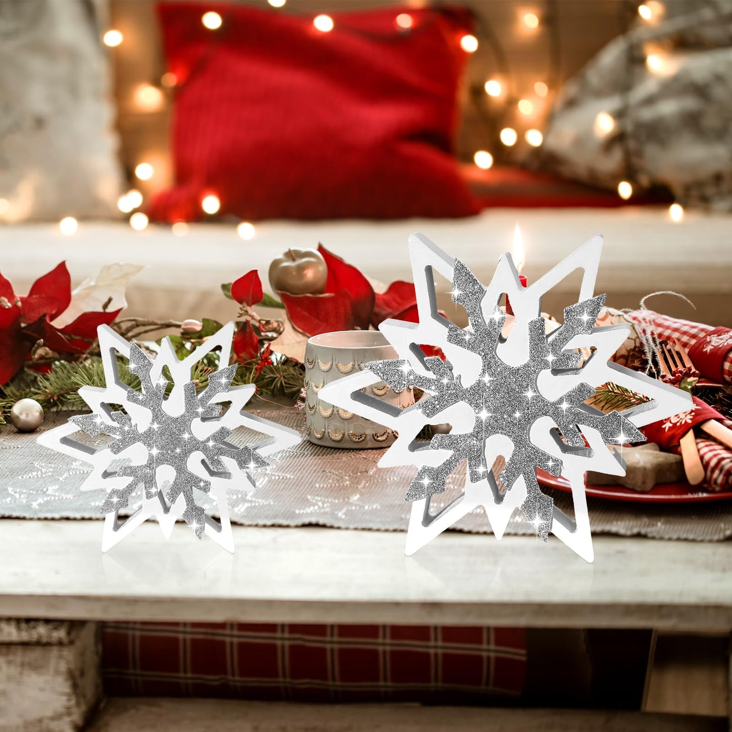 Suzile 5 Pcs Large Christmas Thick Wooden Snowflake Decorations Winter Glitter Snowflake Wood Ornaments Farmhouse Centerpieces Table Signs for Xmas Home Office Table Mantel Fireplace Shelf