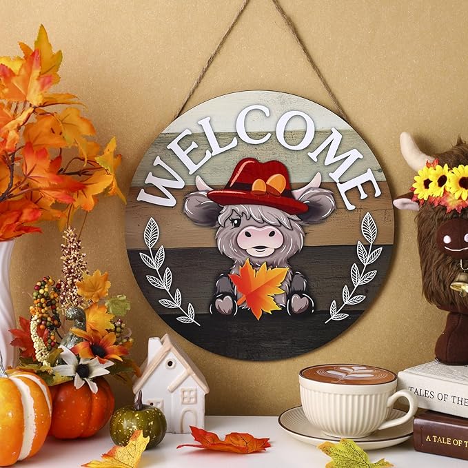 35 Pcs Christmas Interchangeable Highland Cow Welcome Sign Highland Cow Seasonal Wooden Hanging Door Decor Thanksgiving Farmhouse Hanging Sign for Front Door Xmas Party Decoration Gift(Light Brown)