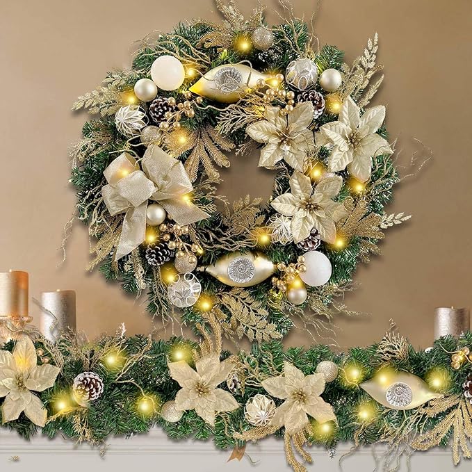 WANNA-CUL Pre-Lit 24 Inch Lighted Christmas Wreath for Front Door Champagne Gold Christmas Door Wreath Decor with Ball Ornaments, Poinsettia Flowers,Ribbon,Pine Cones,Battery Operated 30 LED Lights