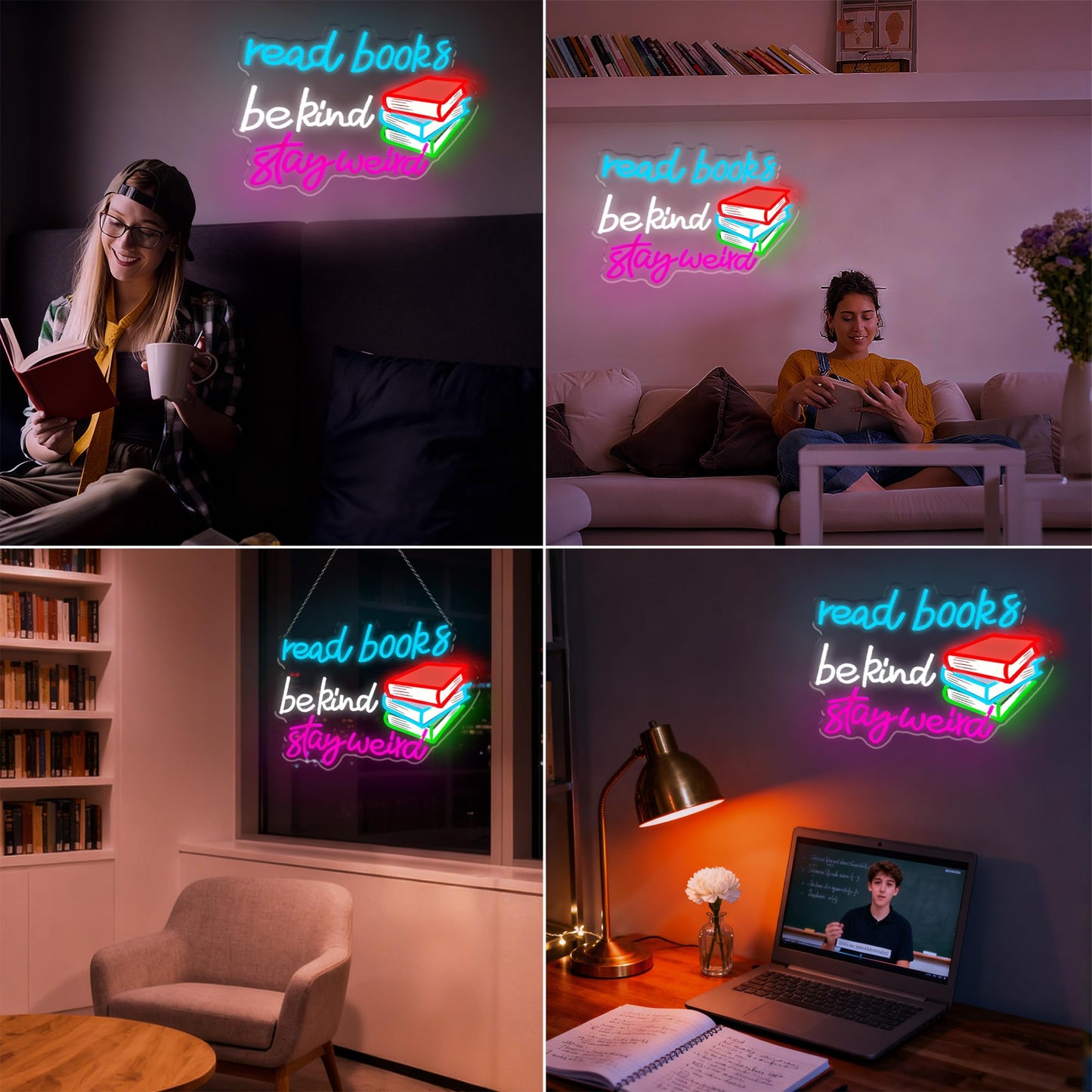Read Books Be Kind Stay Weird Neon Sign Dimmable LED USB Powered Neon Light UP for Classroom Wall Decor Art Positive Bedroom Library Study Room Home for Student Kid Teen Birthday Party Christmas Backdrop Decoration Gift (Reaing Books)