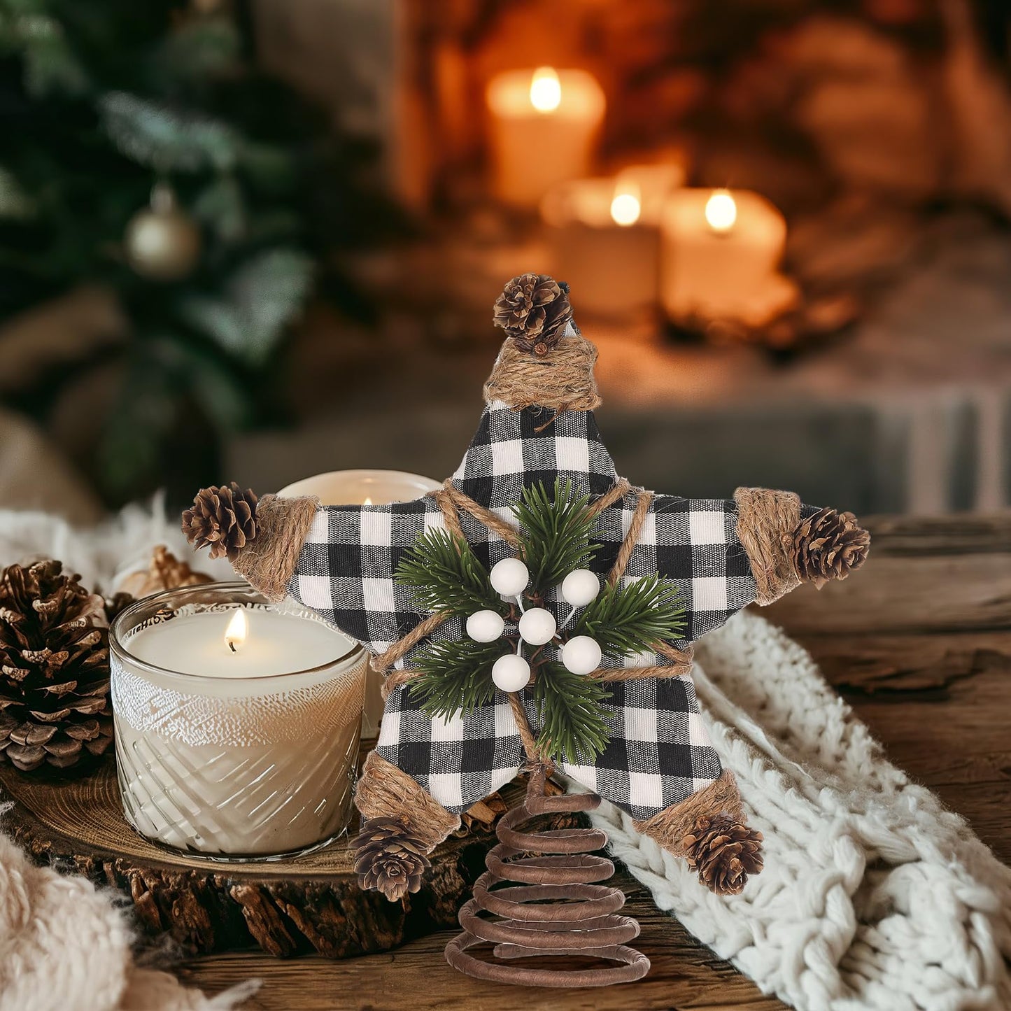 Lenwen Christmas Tree Topper Star 7.9 Inch Buffalo Plaid Star Topper Rustic Christmas Tree Ornaments Decoratione for Home Office Xmas New Year Holiday Decoration