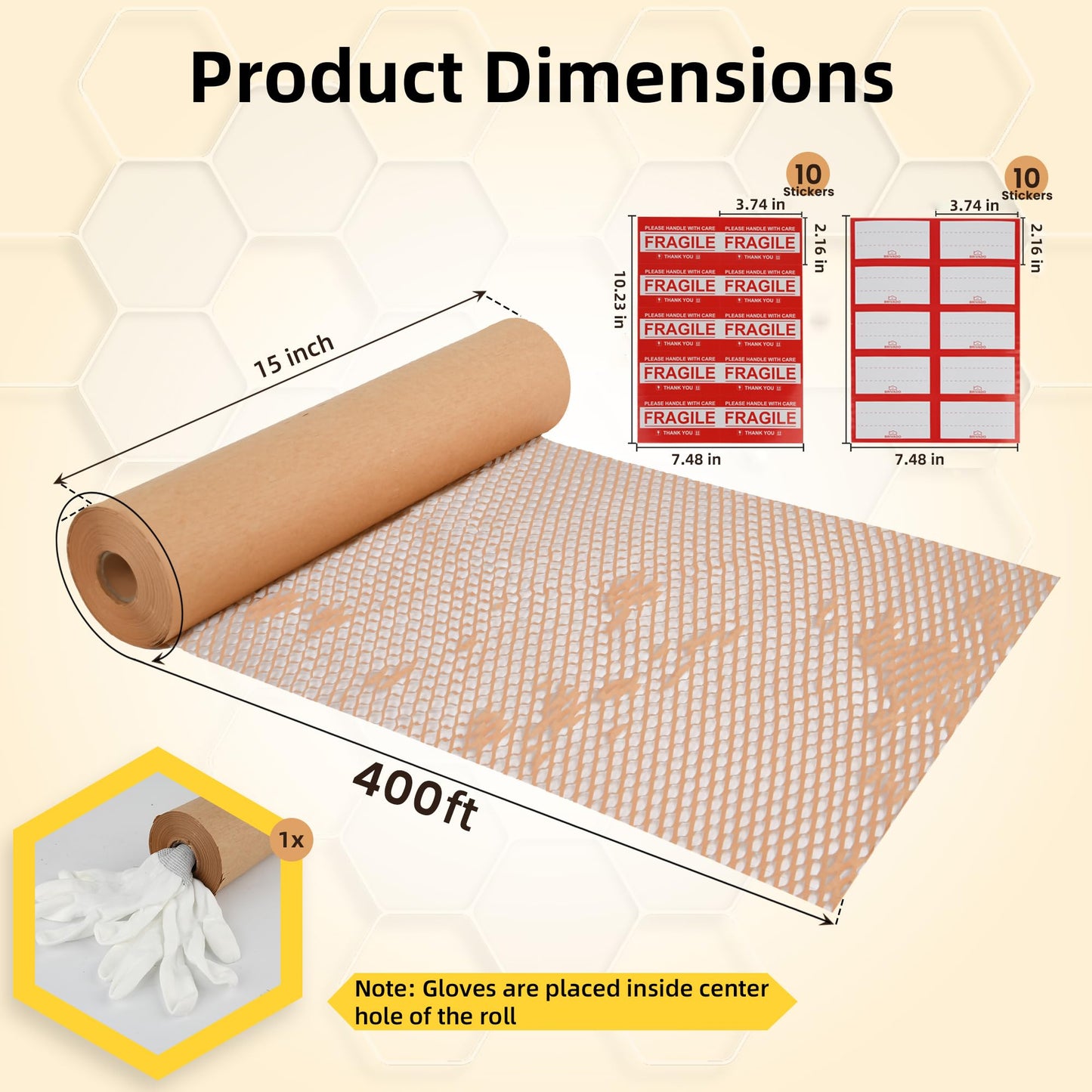 BRIVADO Honeycomb Packing Paper 15"x400' Roll with Fragile & Labeling Stickers, Gloves - Bubble Wrap for Moving,Products & Gifts Wrapping Paper, Recyclable & Biodegradable Cushioning Packing Material