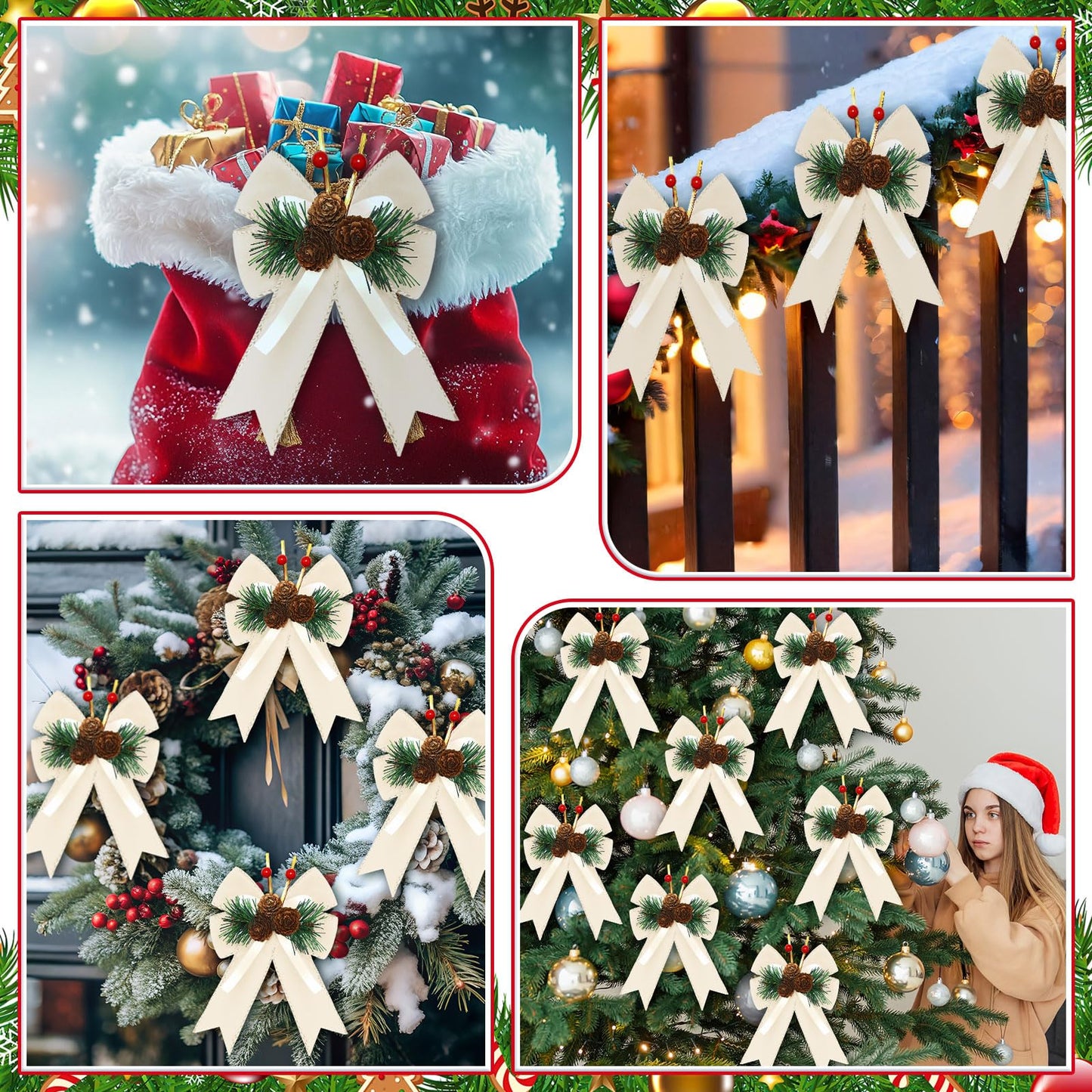 Syhood 6 Pcs Christmas Velvet Bow with Pine Cones Pine Needles Berries Xmas Champagne Ribbon Bow Ornaments 6.3 x 5.1 Inch for Christmas Tree Wreath Garden Fireplace Crafts DIY Decor