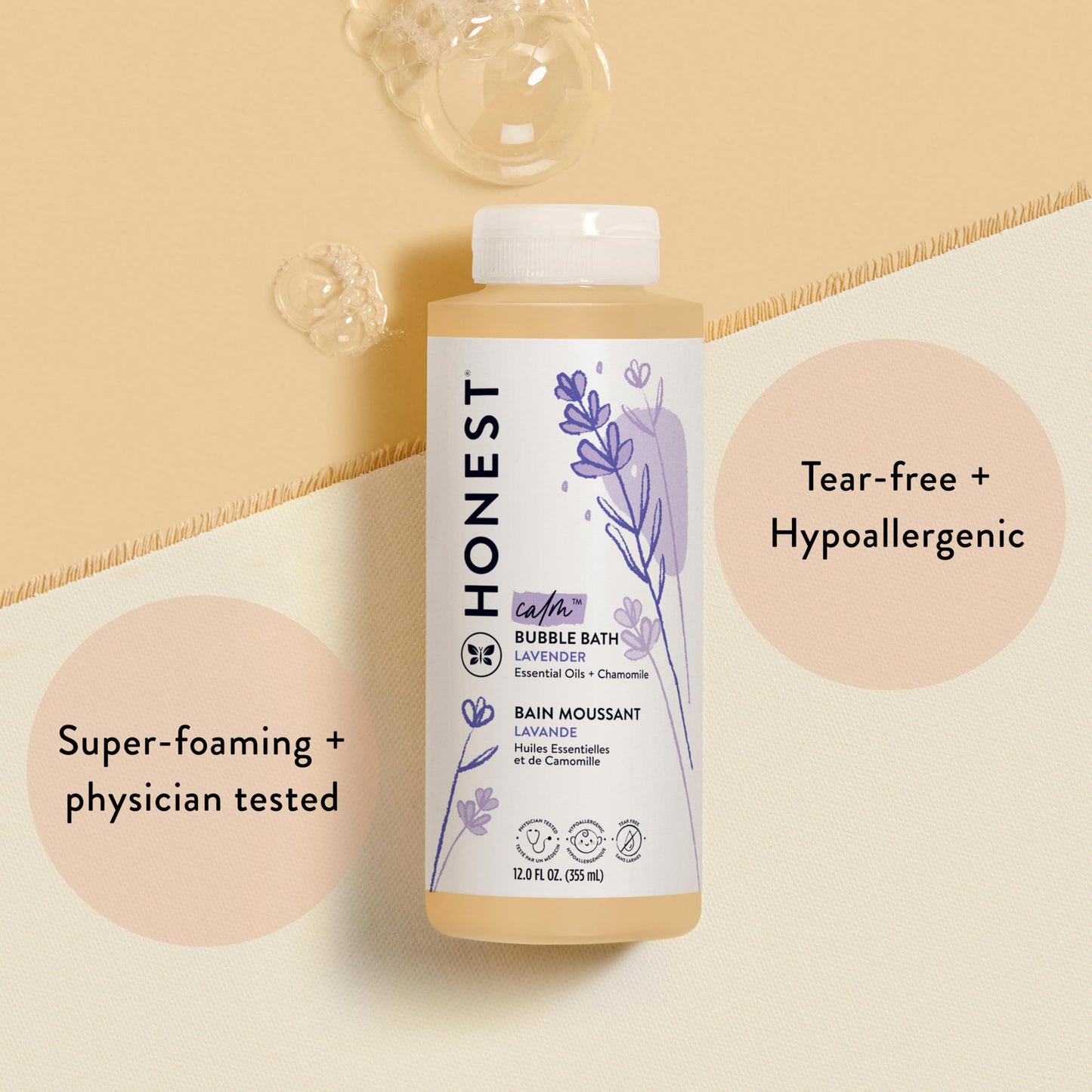 The Honest Company Foaming Bubble Bath | Gentle for Baby | Naturally Derived, Tear-free, Hypoallergenic | Lavender Calm, 12 fl oz