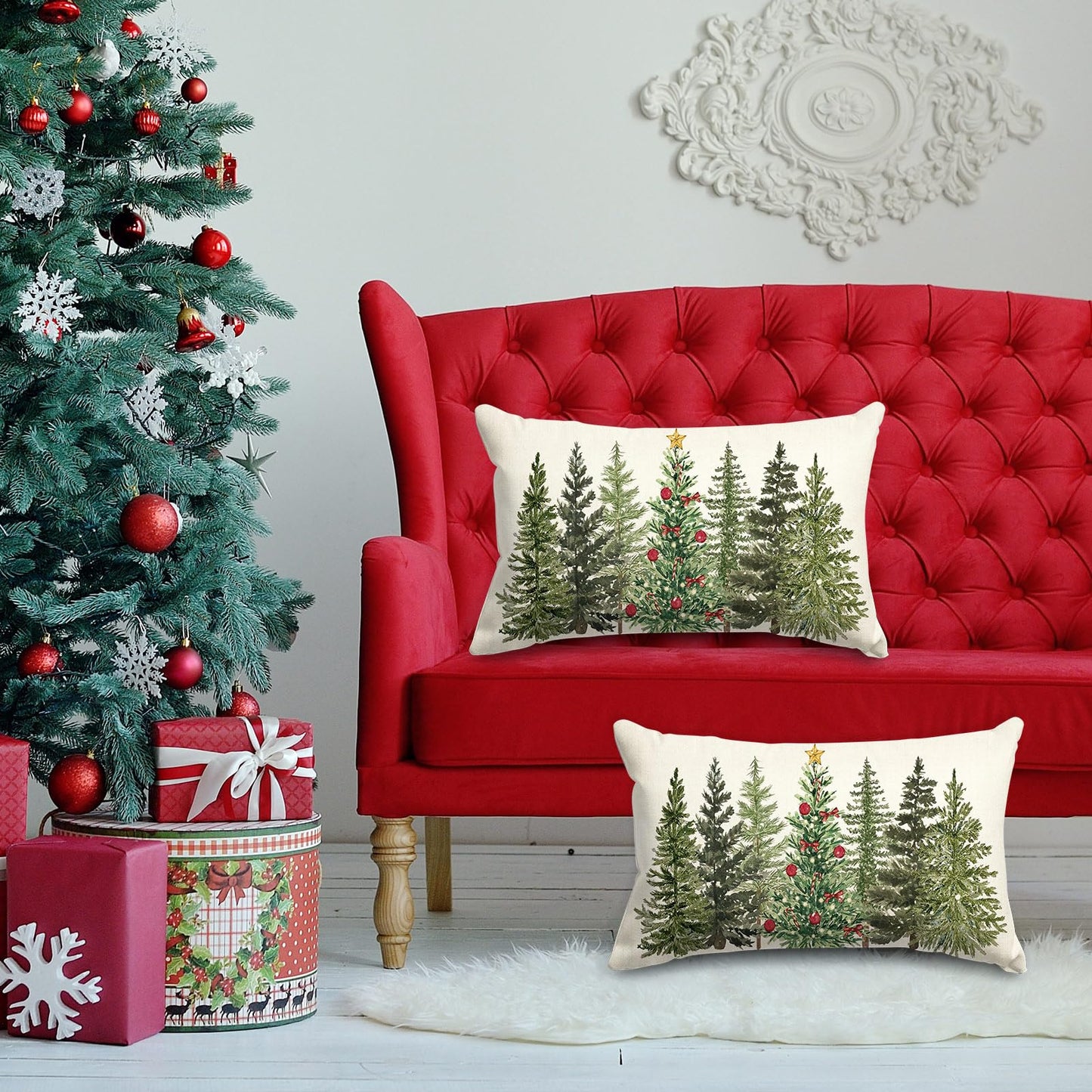 Christmas Rectangle Pillow Cover Watercolor Xmas Pine Tree Throw Pillow Case 12 x 20 Inch Cushion Cover for Winter Party Home Farmhouse Couch Sofa Car