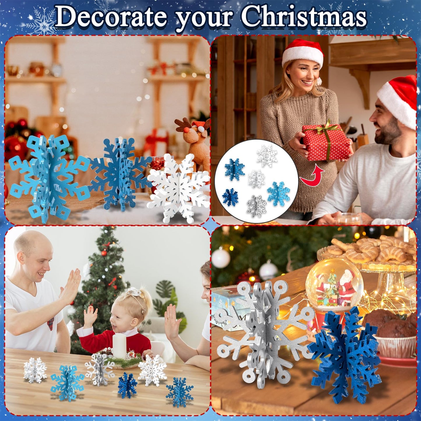 OuMuaMua 6 Set Snowflake Christmas Table Decorations - 12pcs Blue White Glitter Wooden 3D Snowflake Decor Tabletop Centerpiece for Christmas Party Supplies Home Decor
