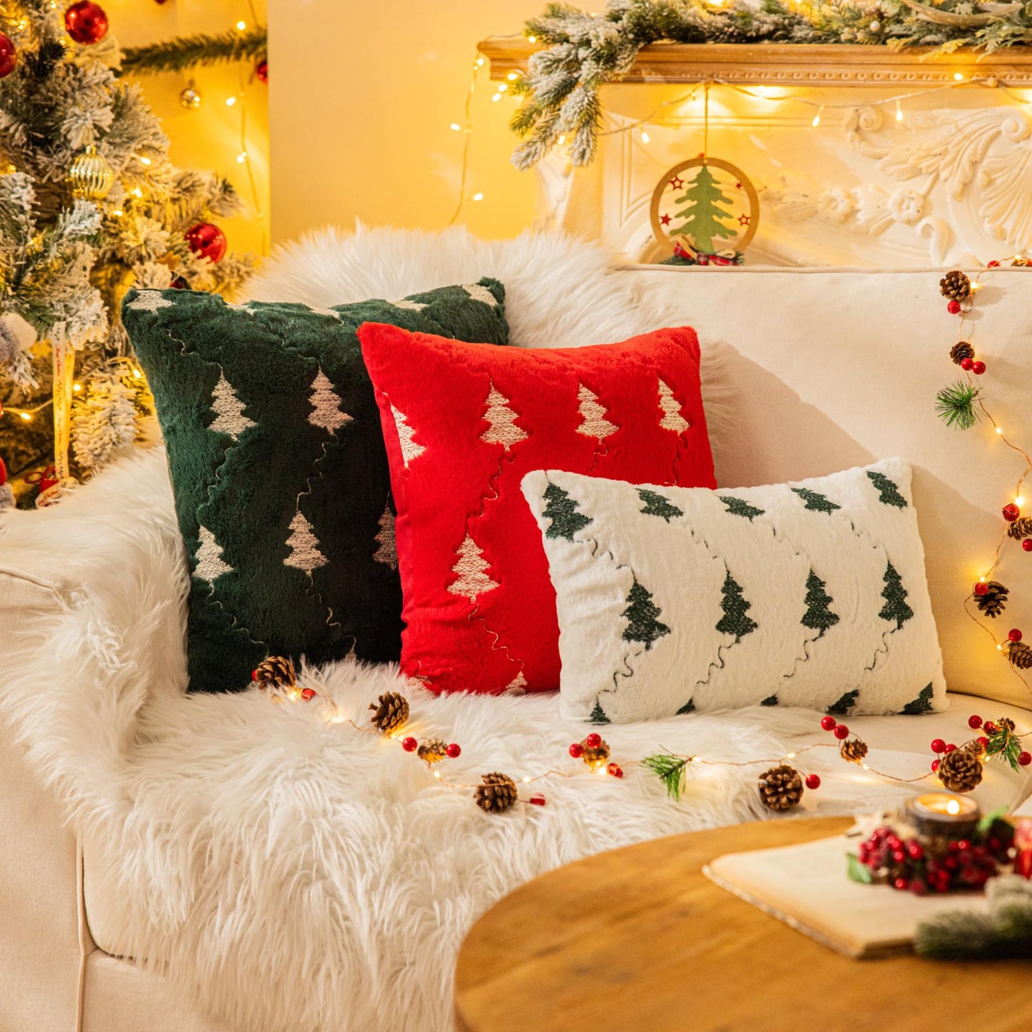 AQOTHES Christmas Tree Embroidered Green Throw Pillows Cover 18x18 Inch, Set of 2 Packs Winter Soft Fluffy Decorative Throw Pillows Covers Decor for Home Sofa Couch Bed Room