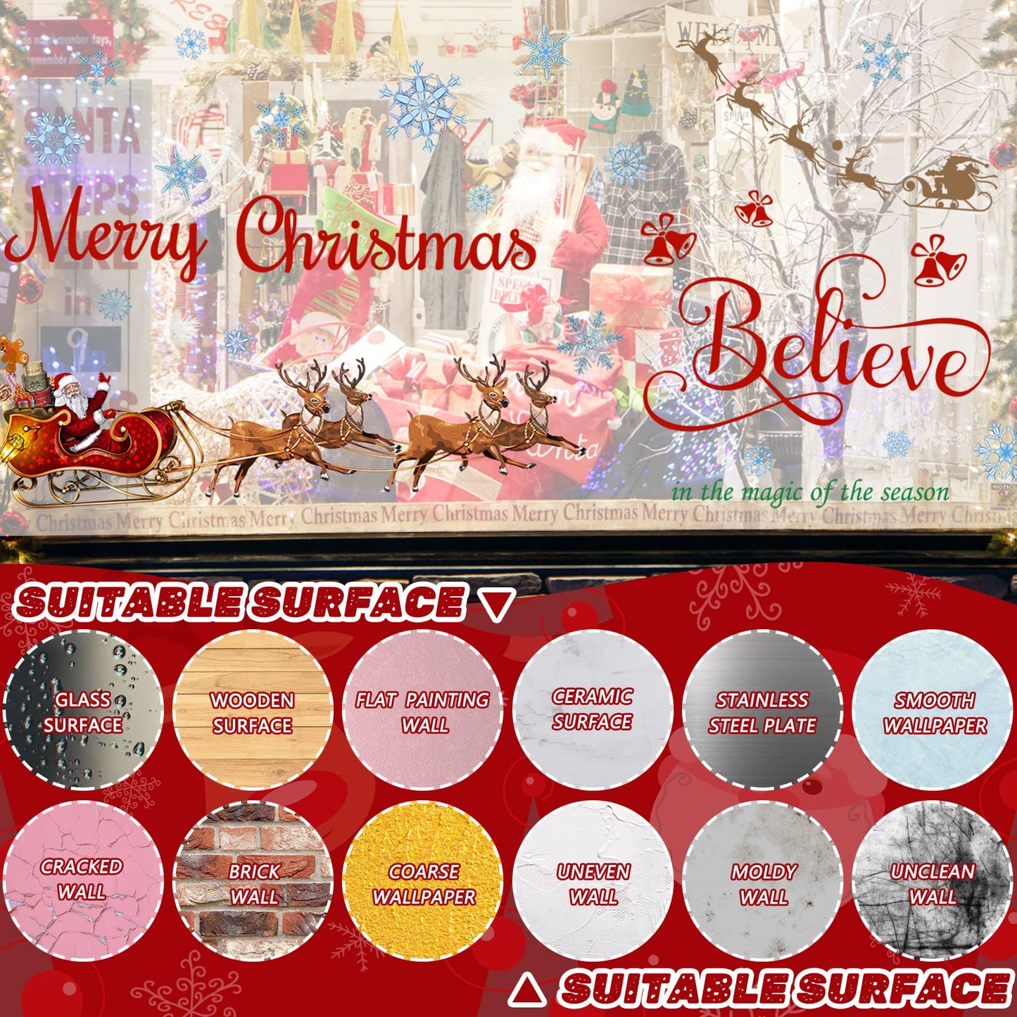 Spiareal Christmas Window Wall Decals Santa Sleigh and Reindeer Xmas Wall Stickers Merry Christmas Quote Stickers Santa Claus Snowflake Window Decal for Home Shop Xmas Party Decorations