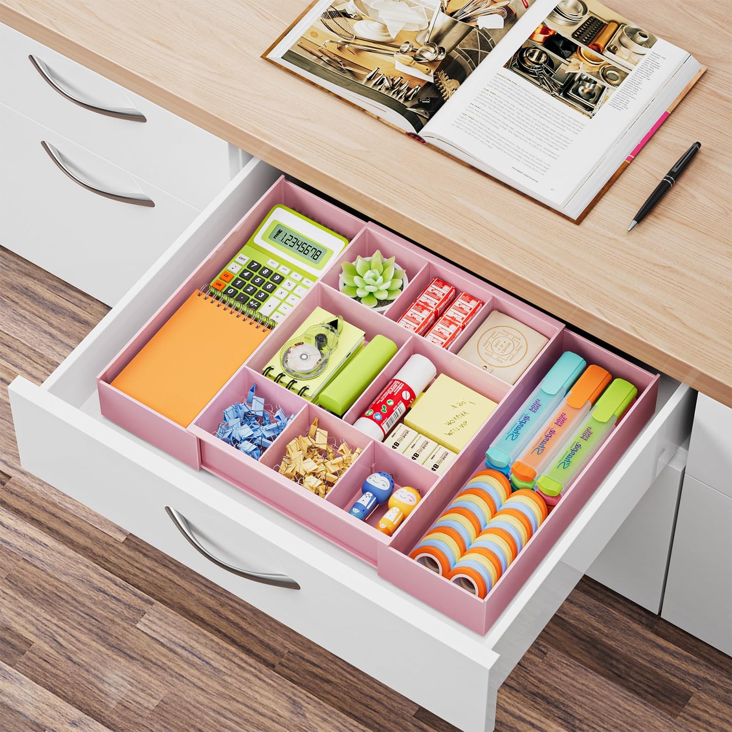 Marbrasse Expandable Desk Drawer Organizer, Clear Plastic Drawer Organizer Tray with 10 Adjustable Compartments, Desk Organizers and Accessories, 5 Drawer Dividers for Office Supplies, Makeup (Pink)