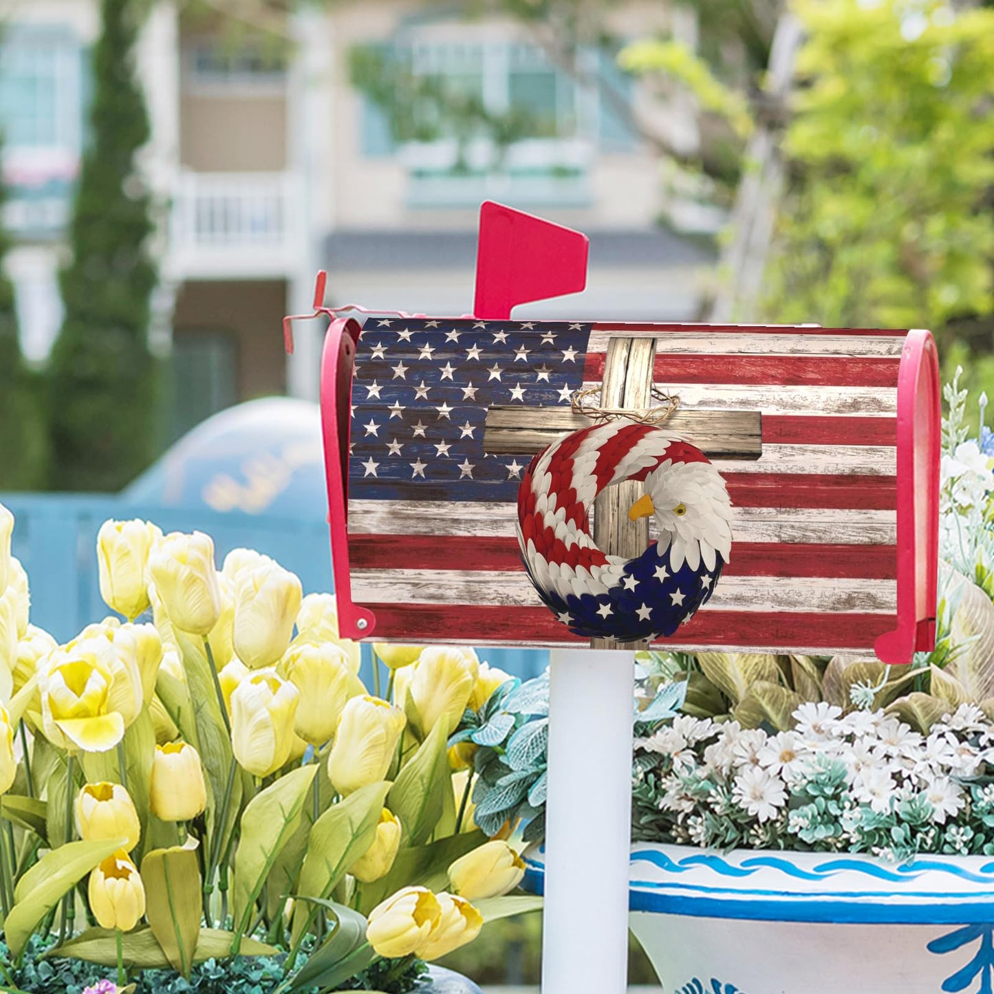 USA American Flag Patriotic Mailbox Cover Magnetic Independence Day Mailbox Cover Standard Size 25.5 x 21 4th of July Memorial Day Mailbox Wrap Post Letter Box Cover Decorative for Home Outdoor Garden