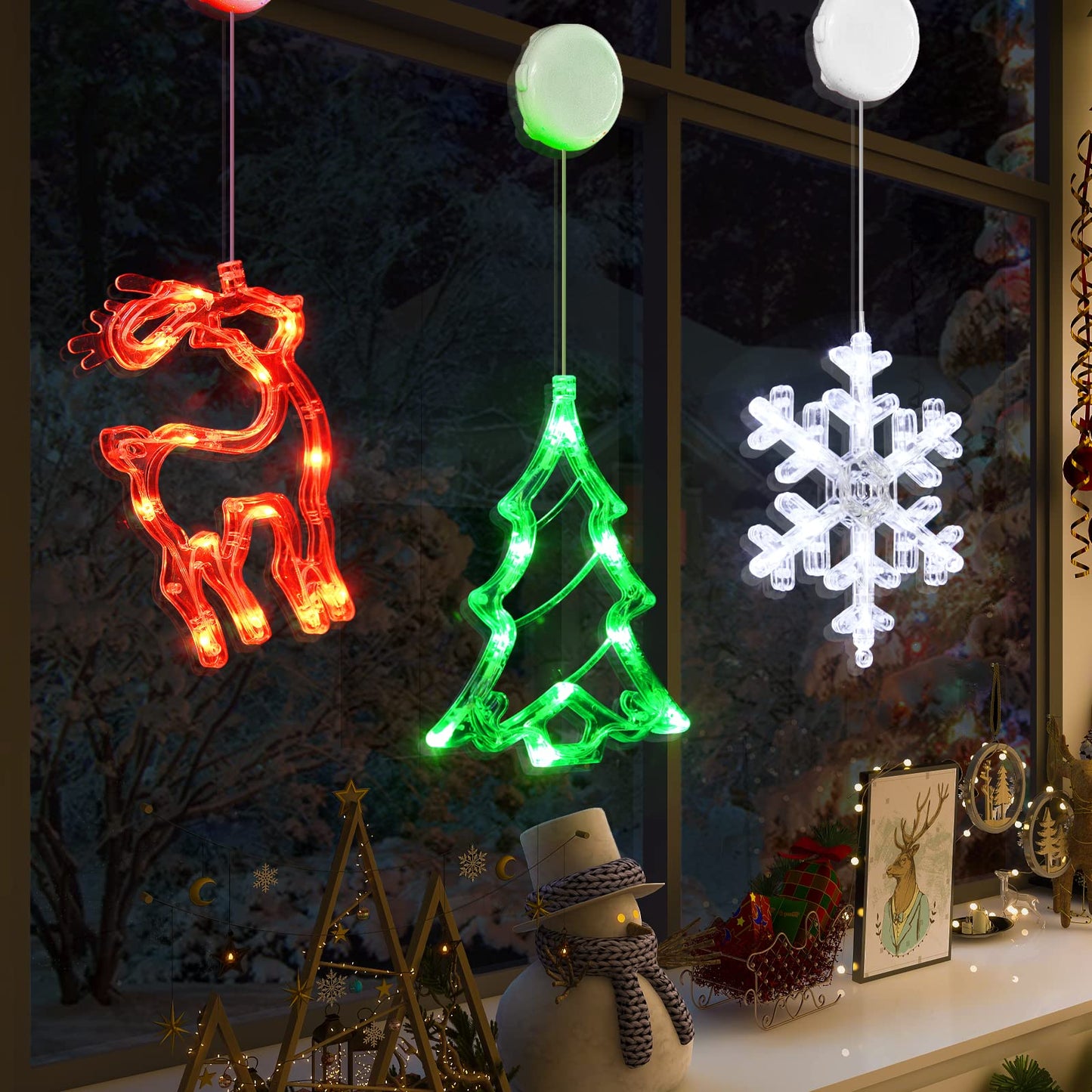 LOLStar Christmas Decorations, 3 Pack Reindeer, Christmas Tree, and Snowflake Window Lights with Suction Cup, Timer Function & Slow Fade Mode Battery Operated Indoor Lights for Christmas Eve New Year