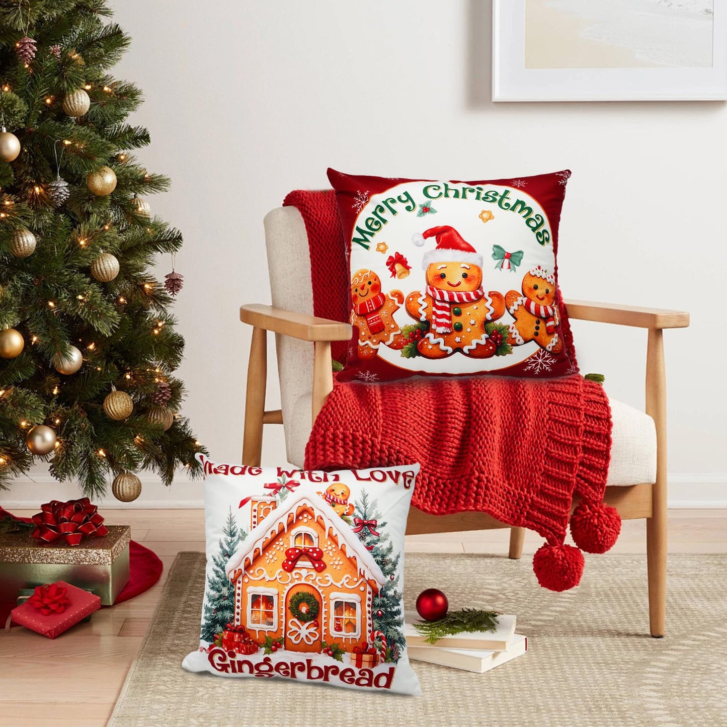 Mocsicka Christmas Gingerbread House Pillow Covers 18Ć18 Inch, Gingerbread Man House Bakery Throw Pillow Covers Xmas Holiday Cushion Case for Sofa Couch Bed Home Decorations Set of 4
