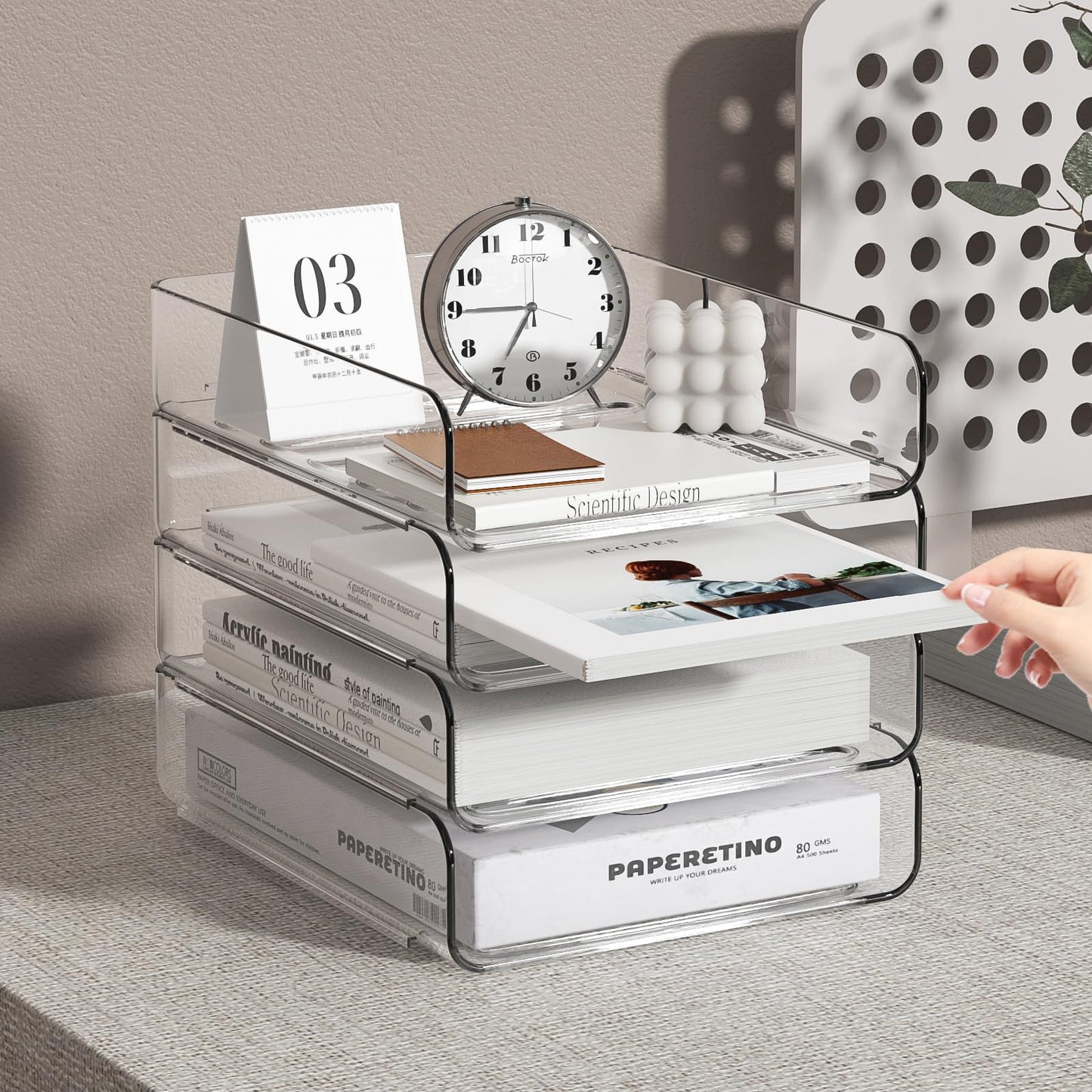 FANXIYQ 4-Tier Acrylic Paper Tray Organizer | Clear Stackable Desk Organizer for Documents, Letters, A4 Paper | Modern Office/Classroom/Home Organization