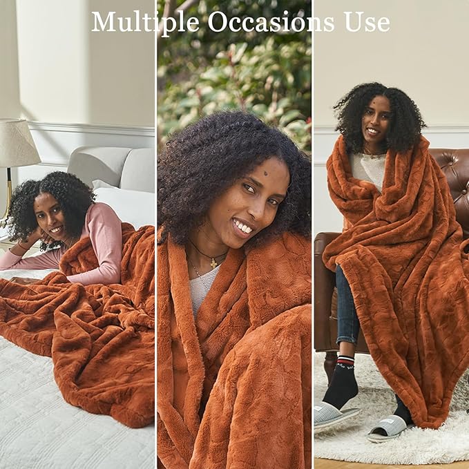 Krifey Burnt Orange Faux Fur Blanket for King Size Bed, 3D Marble Texture Soft Cozy Fuzzy Plush Thick Fall Blanket, Birthday for Women Mom Girlfriend, Camel, 108x90in