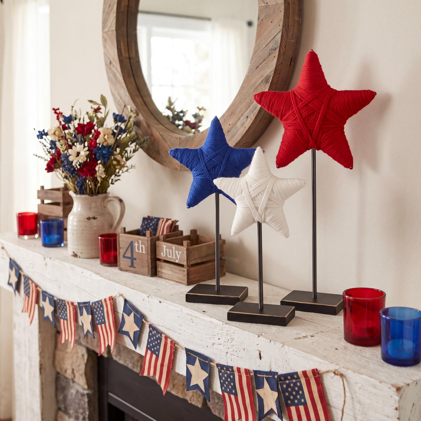 Yousoontic 3 Pcs 4th of July Rustic Patriotic Yarn Wrapped Star 250th Anniversary Tiered Tray Decor Star USA Red White Blue Farmhouse Table Centerpiece Handmade Americana Home Decoration