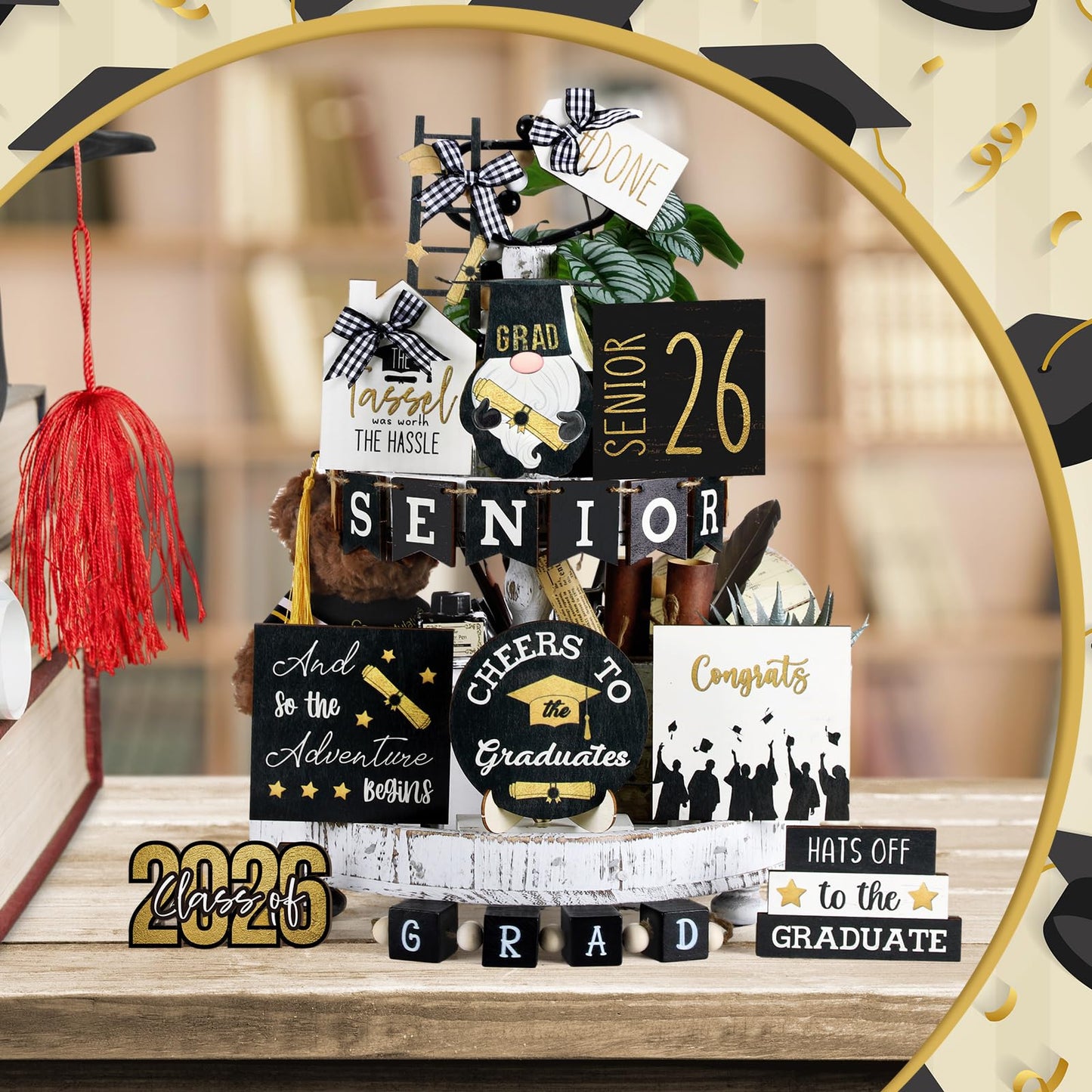 Mifoci 19 Pcs Graduation Tiered Tray Decor Set 2026 Graduation Farmhouse Wooden Sign Tray Decorative for Party Kitchen Table Centerpiece Supplies