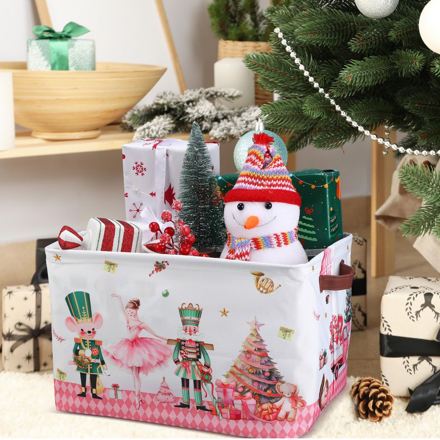 Geelin 3 Pcs Large Christmas Baskets 15 x 11 x 9.5 Inch Empty Xmas Storage Bin with Handles Collapsible Waterproof Extra Big Foldable Gift Basket for Office Home Bedroom Cloth Toy Gift(Rustic)