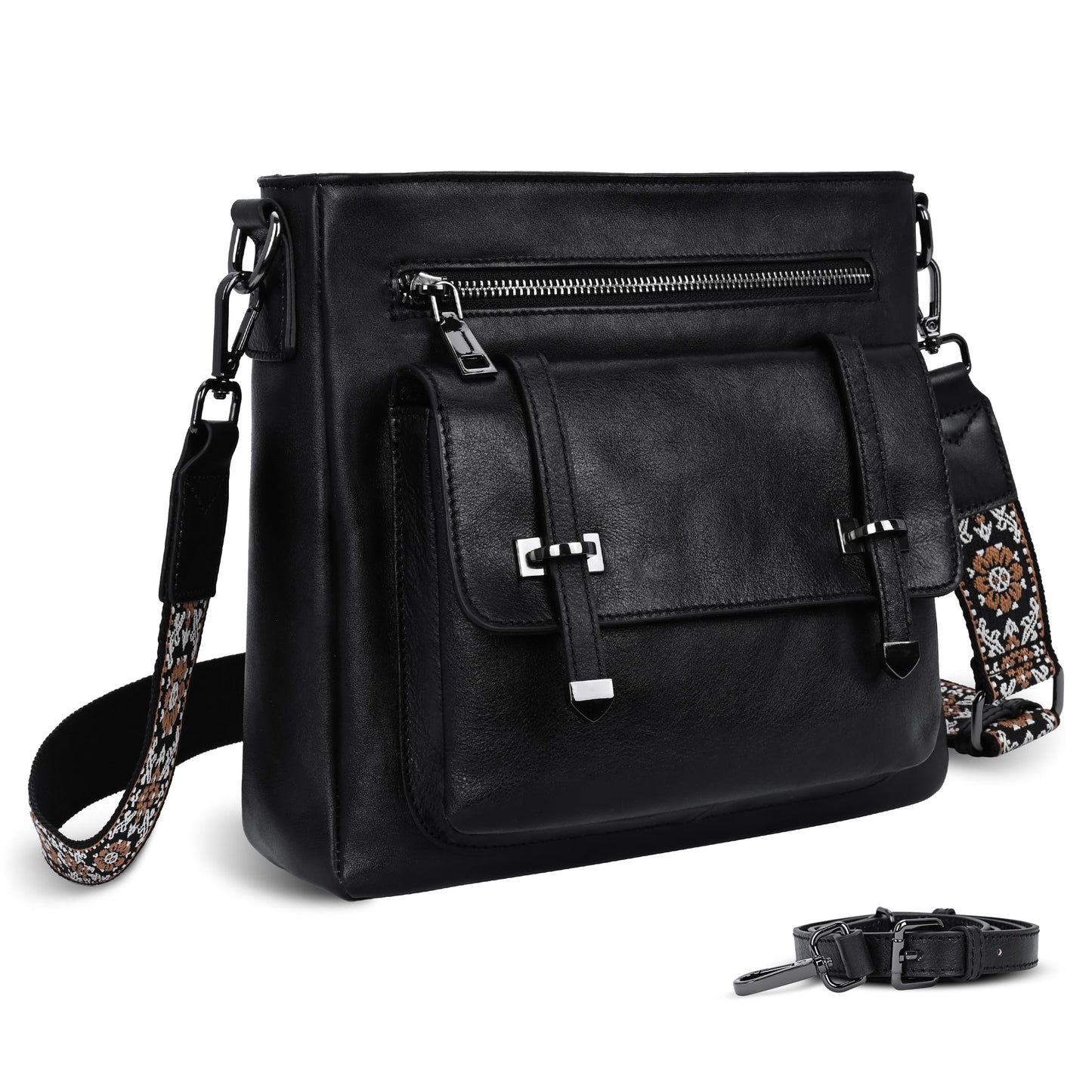 Iswee Soft Leather Crossbody Bags for Women Shoulder Handbags Multi Pocket Travel Purse with Adjustable Strap Medium Size (Black)