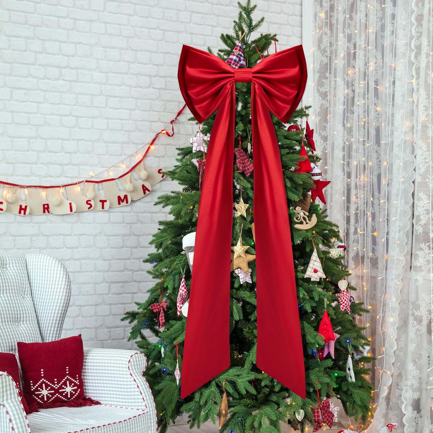 Iceyyyy 52.2 x 15.5 Inch Christmas Tree Topper Red Satin Bows,Double Layer Extra Large Tree Topper Ornament Bow,Giant Red Christmas Tree Bow for Indoor Outdoor Holiday Party Home Decor