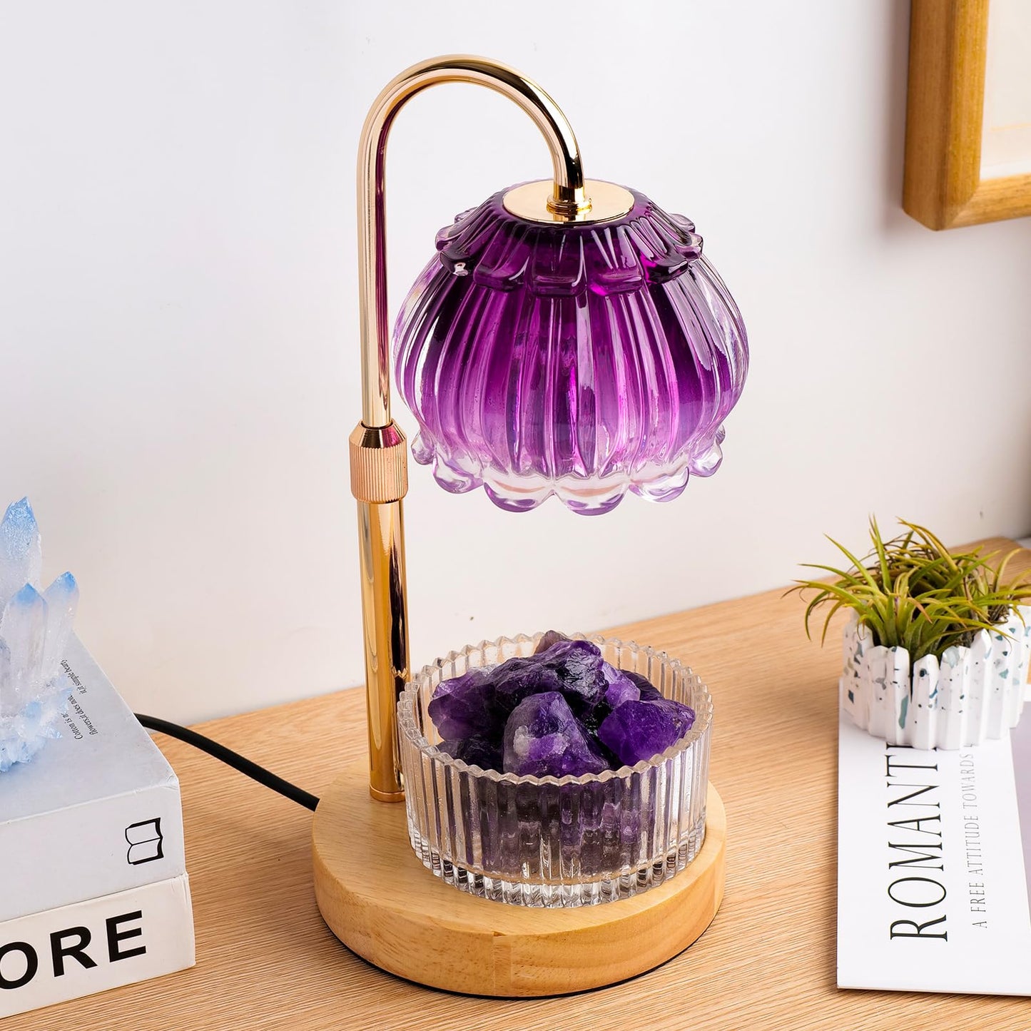 Candle Warmer Lamp with Dimmer & Timer, Adjustable Brightness & Temperature, 2/4/6H Timed, Natural Amethyst Crystals Essential Oil Diffuser & Melting Lamp for Scented Wax Melts, Home Decorative Gift