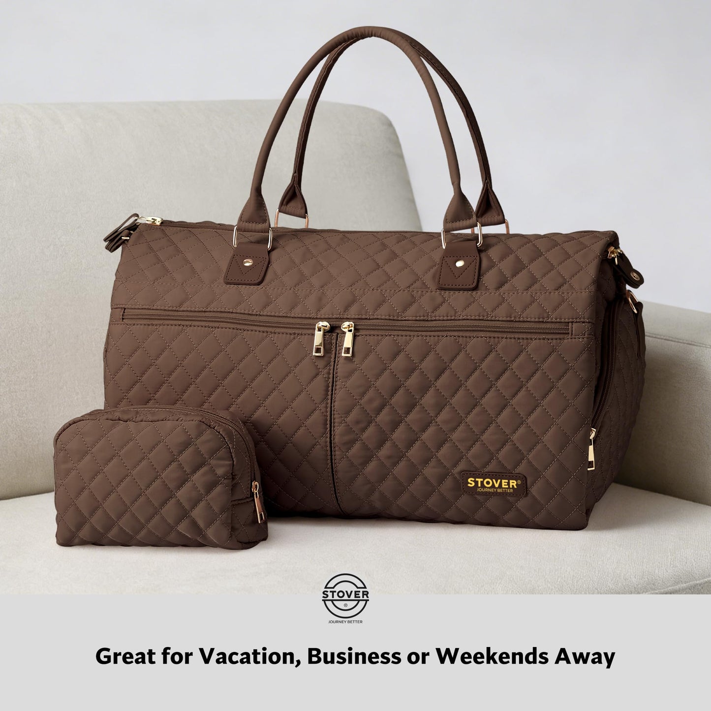 STOVER Women’s Convertible Garment Duffel Bag for Travel – 2-in-1 Carry-On Weekender/Overnight Tote - Wrinkle-Free Dresses, Suits & Clothes + Shoe Compartment & Bonus Toiletry Bag (Mocha Brown)