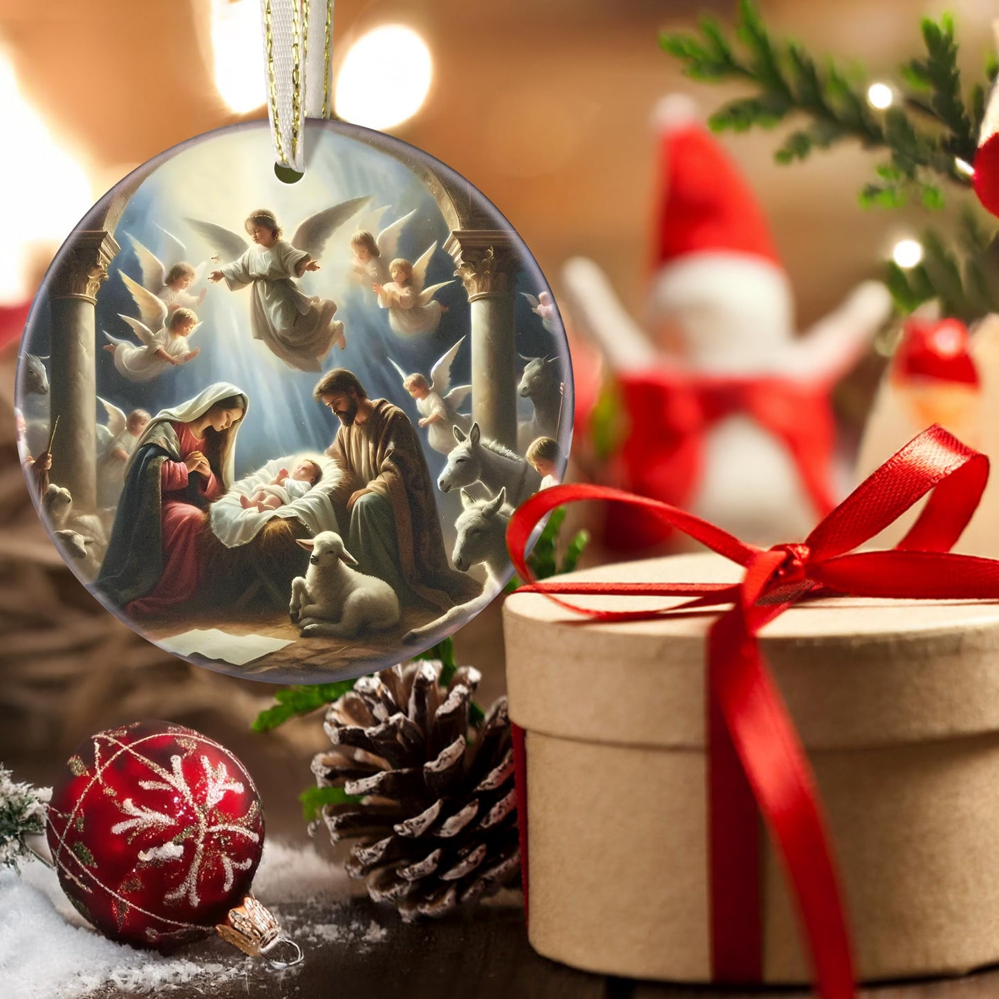 Nativity Christmas Decorations, 3.5 Inch Ceramic Religious Christmas Ornament, Christmas Tree Ornaments, Christian Gifts for Kids, Religious Gifts for Women, Xmas Gifts for Mom, Merry