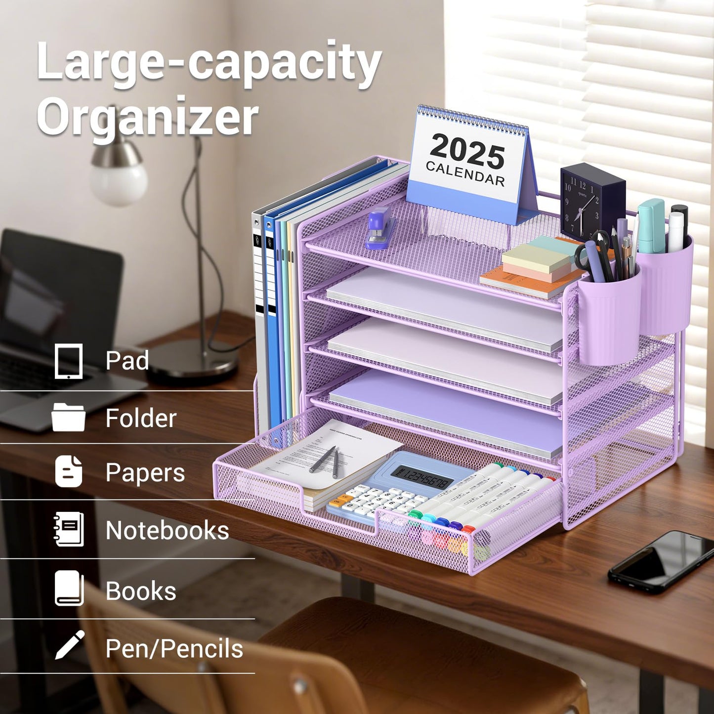 OPNICE Desk Organizer, 5-Tier Paper File Organizer with Drawer & Pen Holder, Office Desk Accessories, Workspace Desktop Organizer for Office Supplies(Purple)