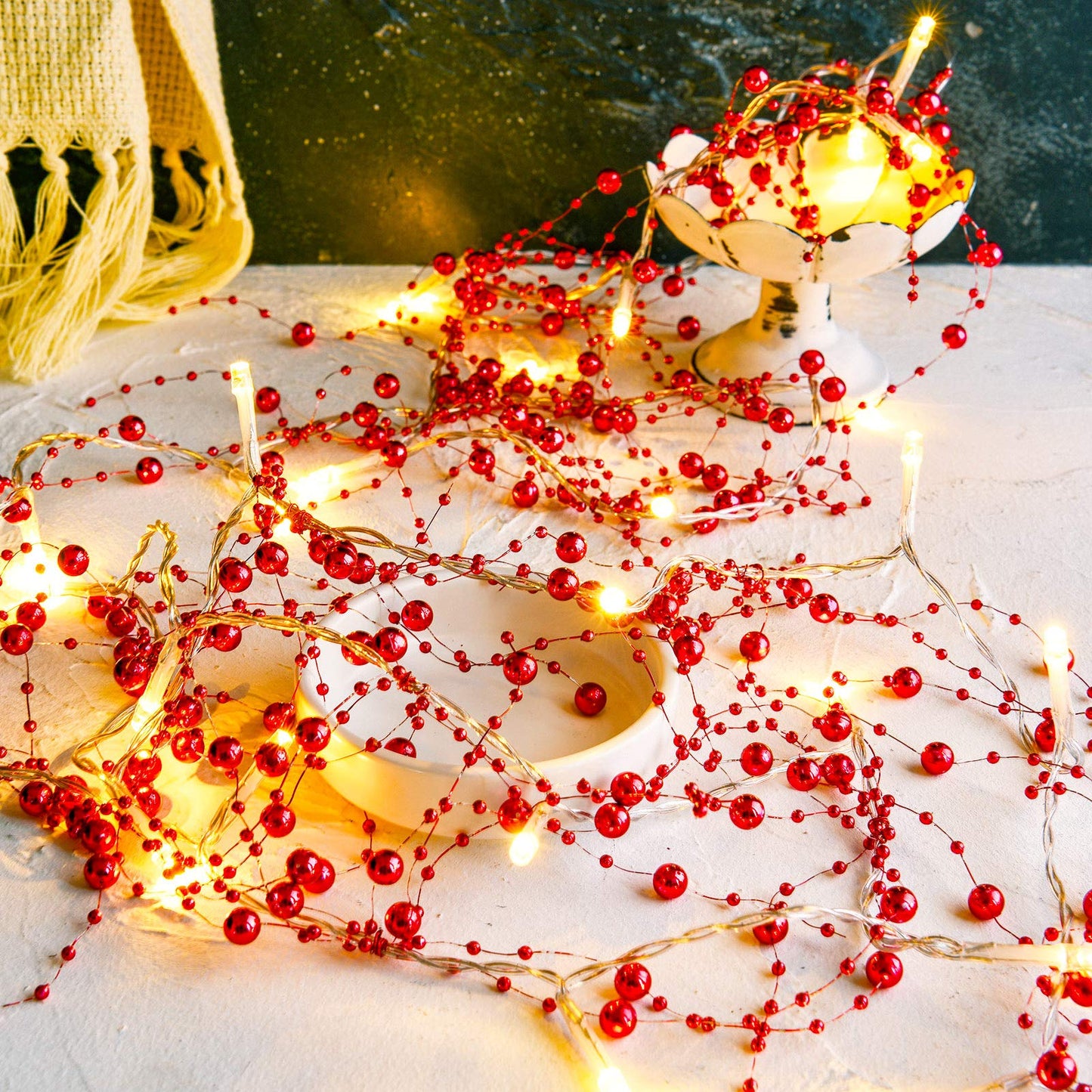 Mudder 10 Feet 30 LED Christmas Light Metal Berry Beaded Garland Indoor Christmas String Lights for Fireplace Mantel Indoor Xma Light Decorations(Red)
