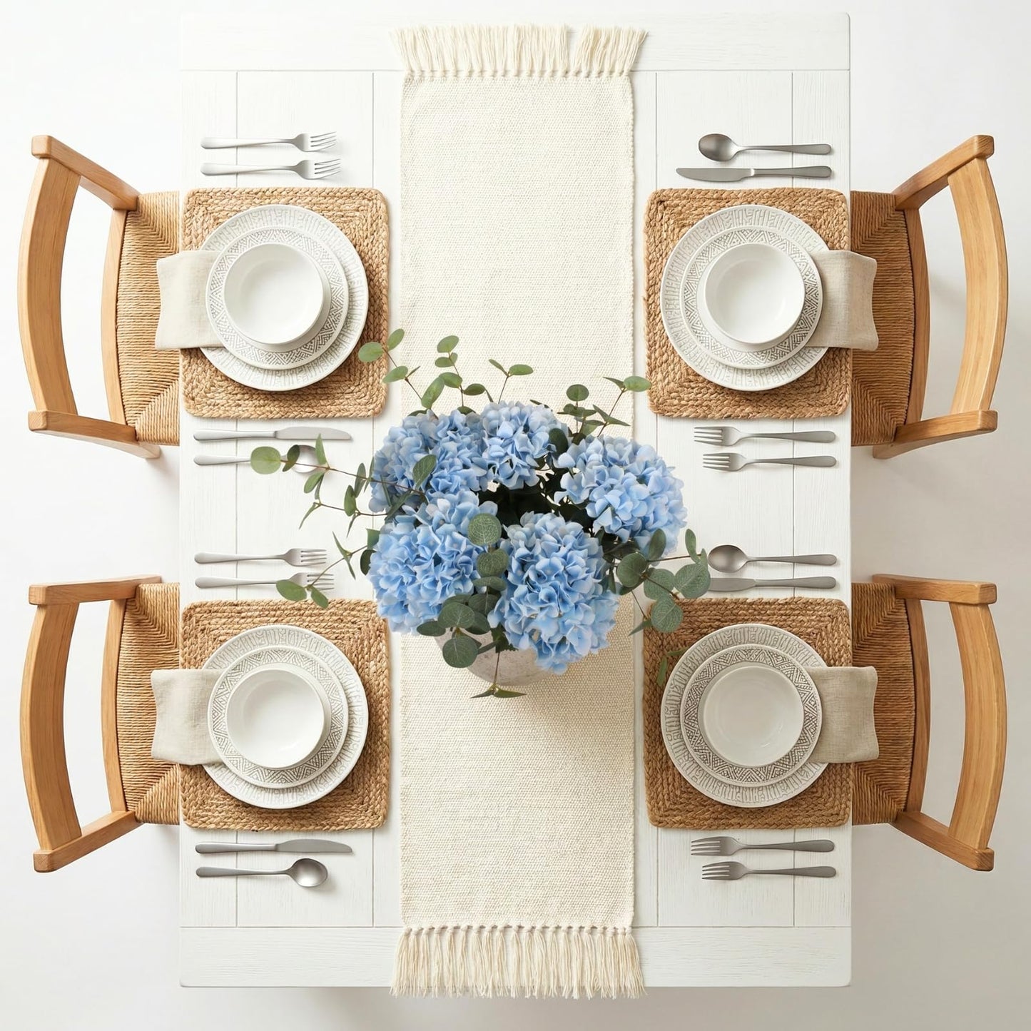 Blue Hydrangea Artificial Flowers Arrangement, 5 Real Touch Hydrangea Stems & 3 Faux Eucalyptus, Artificial Flowers for Table Centerpiece, Dining Room Living Room Decor, Spring Home Decor