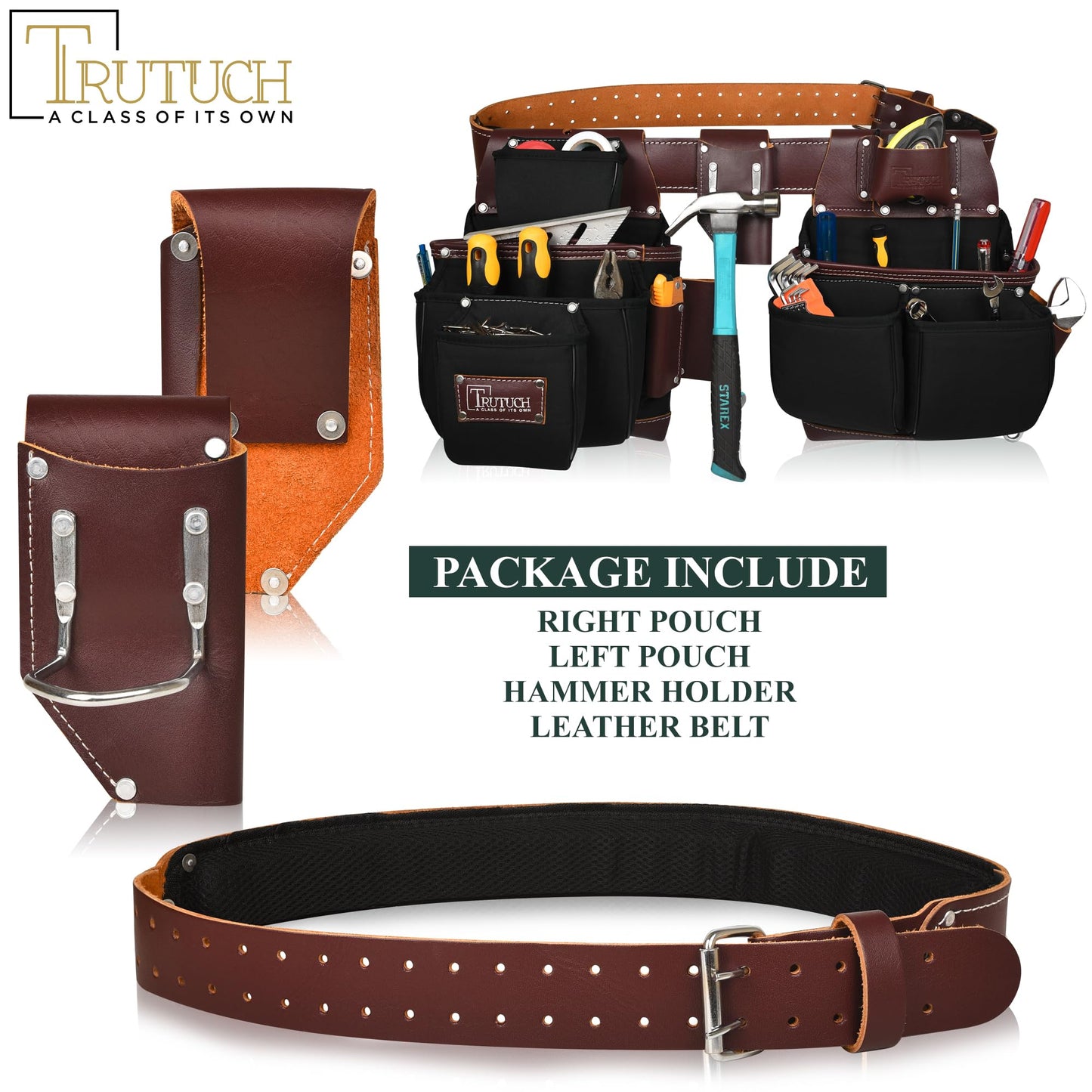 TRUTUCH Nylon and Leather Tool Belt | Framing Tool Bags | Nylon Tool Pouch | Carpenter Tool Belts | Construction | Framers | Electrician Tool Belt (Black)