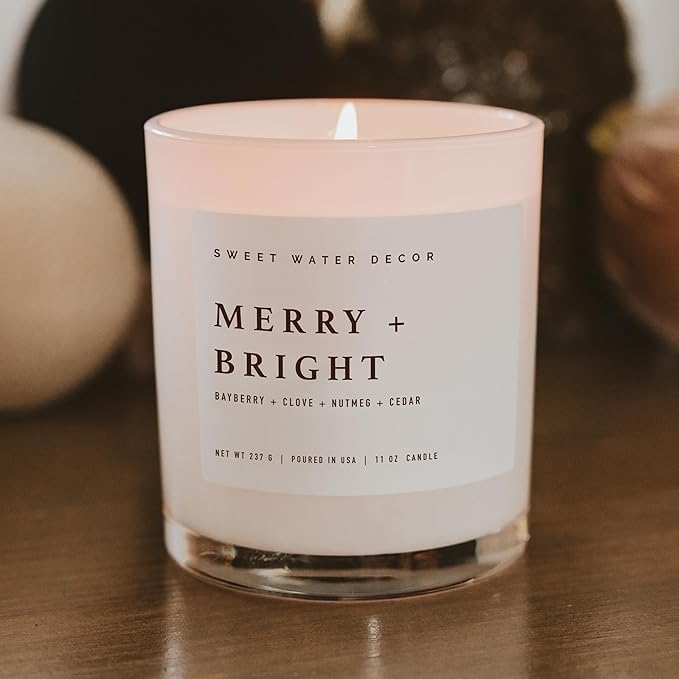 Sweet Water Decor Merry and Bright Soy Christmas Candle - Bayberry, Clove, Nutmeg, and Cedar Scented Holiday Candles for Home - 11oz White Jar + Wood Lid, 50+ Hour Burn Time, Made in The USA