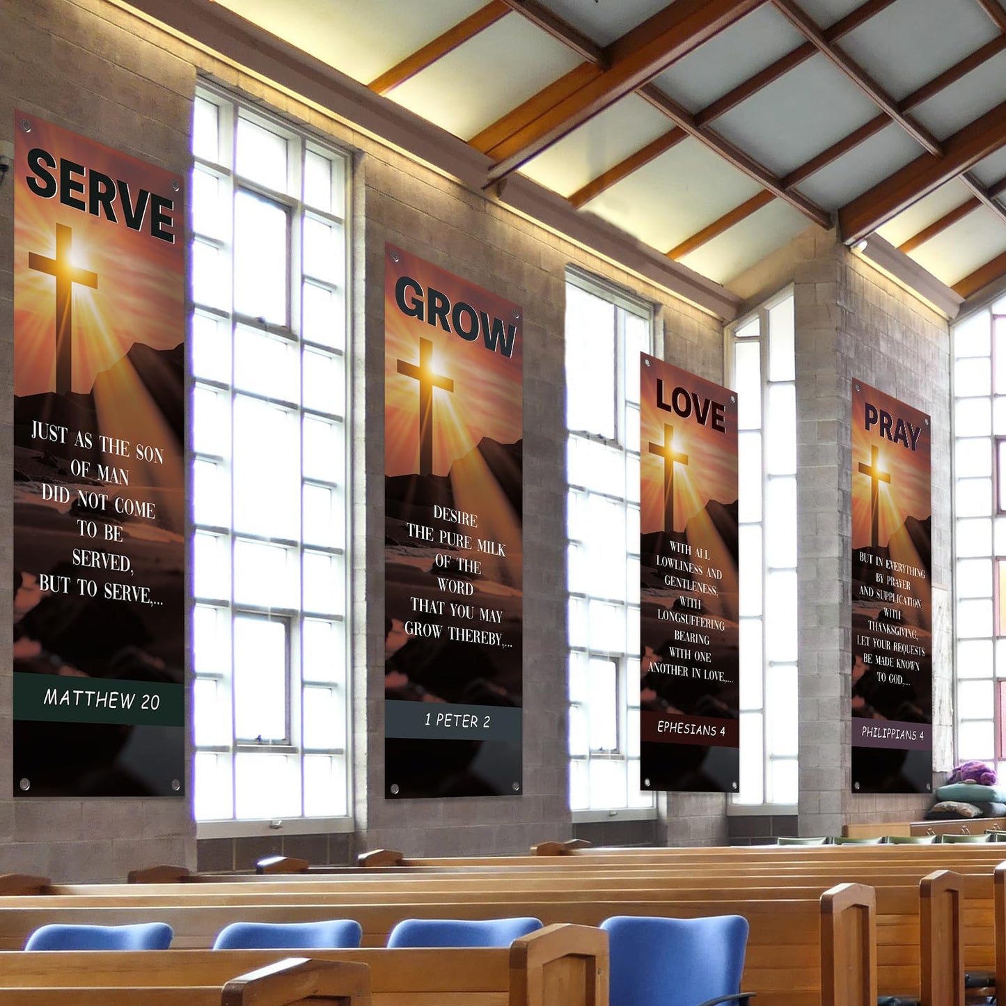 4Pcs Easter Church Banners for Sanctuary Wall Welcome Religious Banner Easter Serve Grow Love Pray Hanging Backdrop Cross Sunset Church Signs Scripture Bible Verse Banner for Christian School Decor