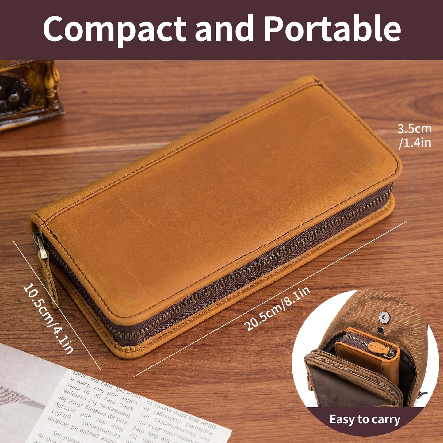 Geslun Genuine Leather Fountain Pen Case - Zippered Ballpoint Pen Pouch Bag with 4 Loops Holder, Inside Open Slot, Handmade Soft Cowhide, Vintage Stationery Gift for Men and Women, Brown