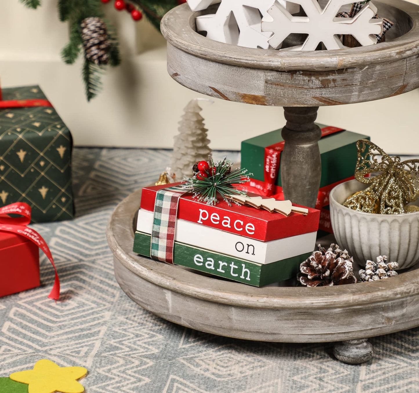 Christmas Wood Book Stack, Christmas Tiered Tray Decor, Peace on Earth Mini Faux Decorative Books with Pine Berry, Farmhouse Book Decor for Home Table Mantle Shelf