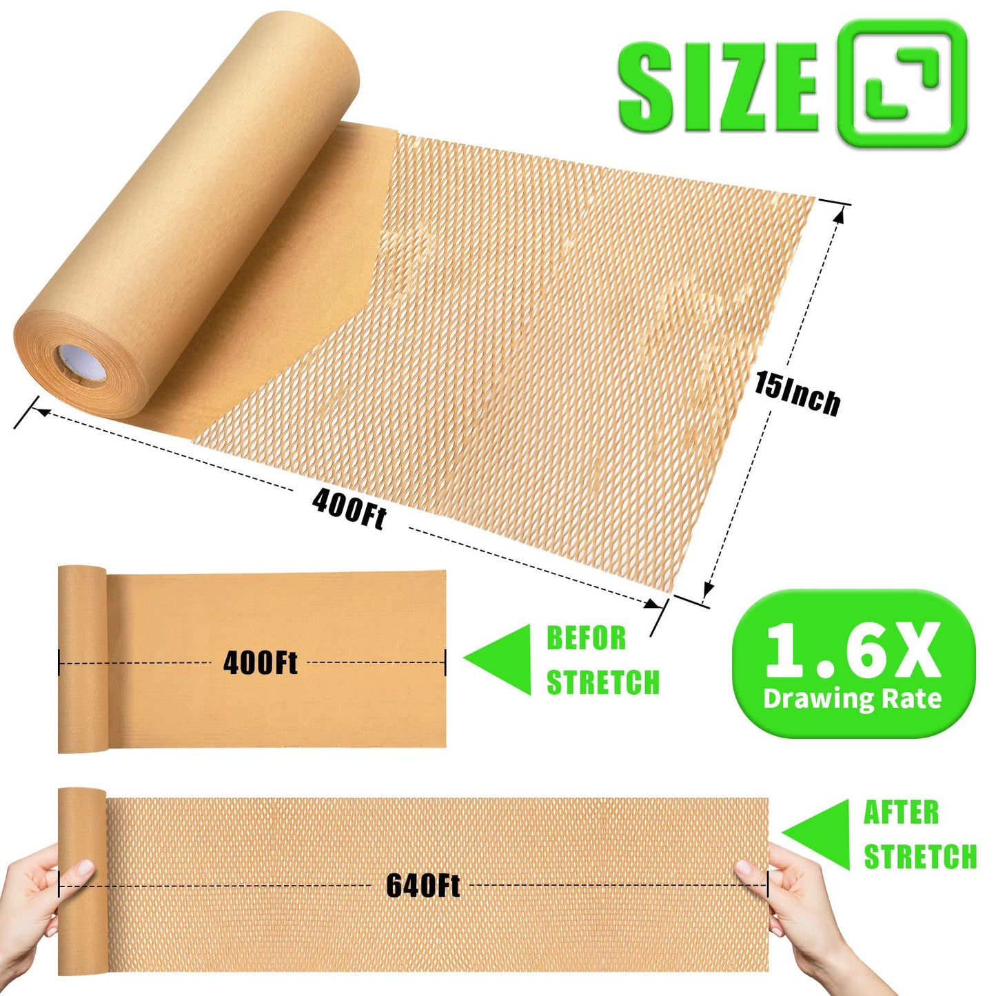 Honeycomb Packing Paper, MINHAO 15"x400' Eco Friendly Packing Paper for Moving Recyclable Honeycomb Paper Moving Supplies Bubble Paper Wrapping Protective Roll, With 36 Fragile Sticker Labels