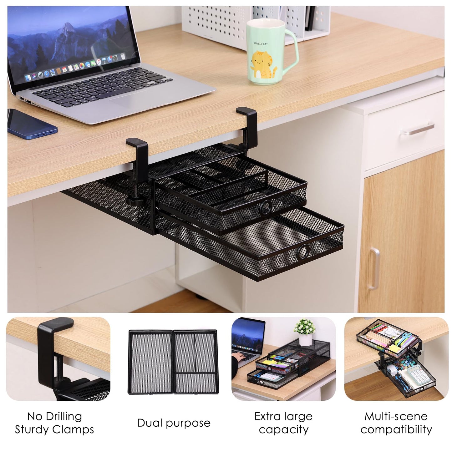 Euyona 2-Tier Clamp-On Mesh Organizer, Under Desk Storage with Slide-Out Tray, No Drilling Tool-Free Installation, Durable Rust-Resistant Metal, Large-Capacity Organizer.