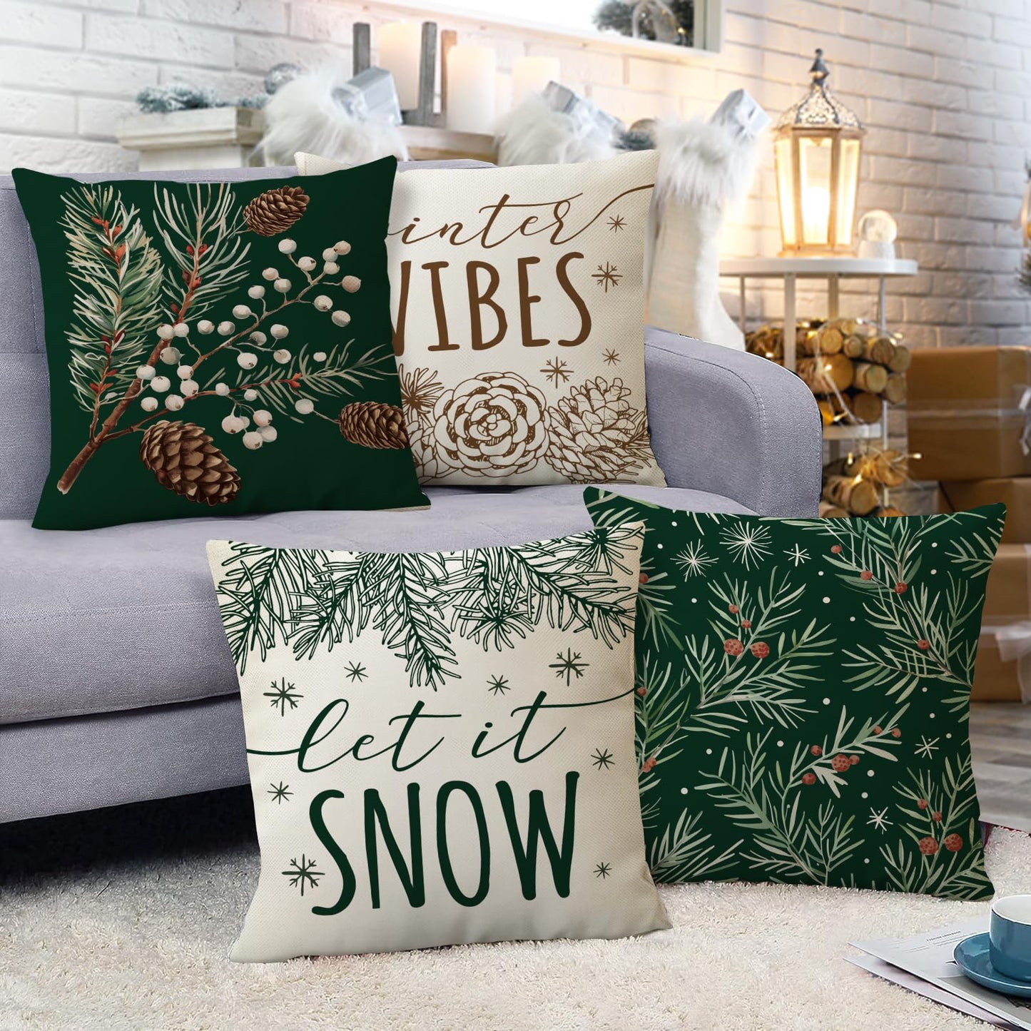 Fahrendom Winter Vibes Green Decorative Throw Pillow Covers 18 x 18 Set of 4, Let It Snow Pine Cones Needle Berry Porch Patio Outdoor Pillowcase, Christmas Seasonal Sofa Couch Cushion Case Home Decor