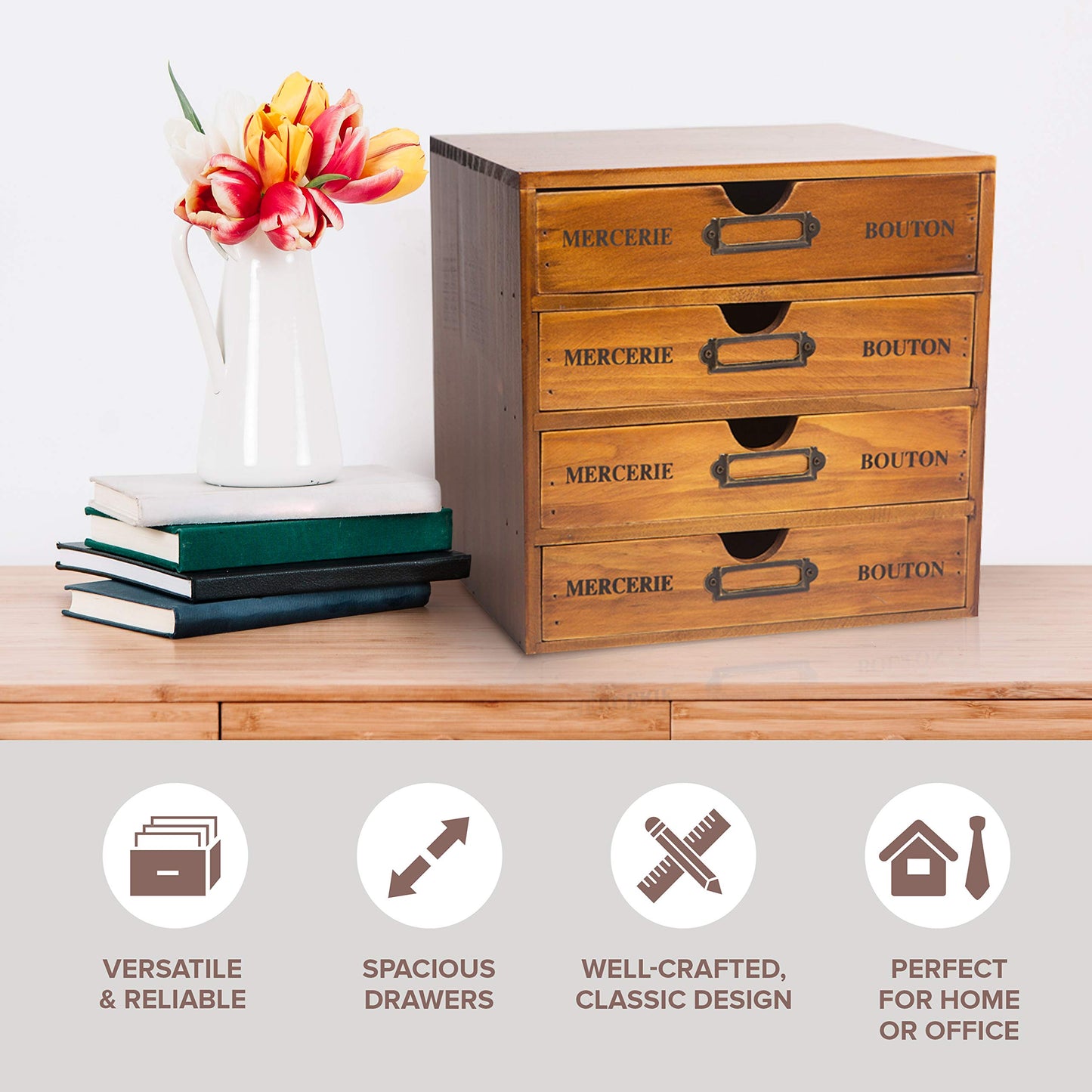 Modular Stackable Apothecary Cabinet 4 Drawer Desk Organizer - Retro Library Card Catalog Wood Storage Box - Organize Stationery, Thread Embroidery, Sewing, Crafts, Junk Drawer & Supplies Countertop