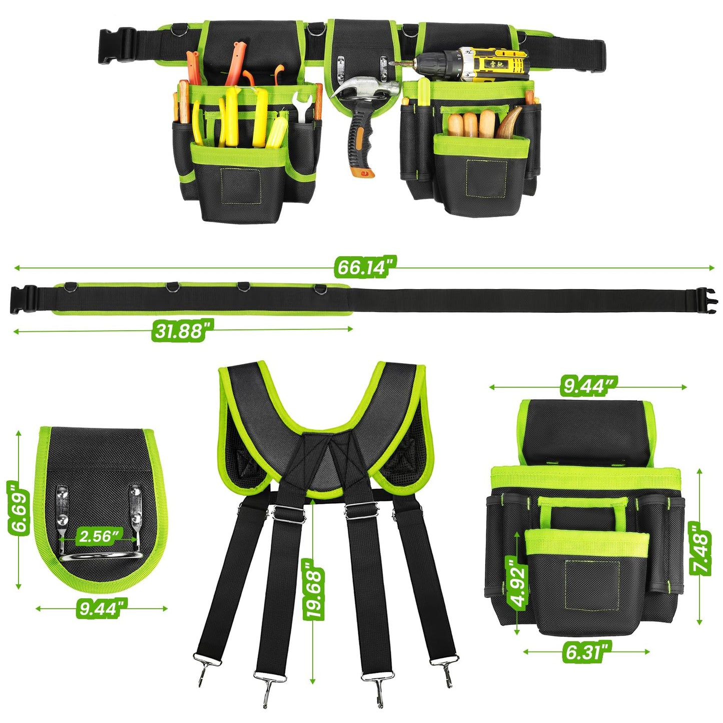 Tool Belt, Professional Tool Belts for Men, Magnetic Tool Pouch With Suspenders, Heavy Duty Detachable Adjustable Utility Belt Work Bags for Electrician, Carpenter (Black and Green, 32"-66")
