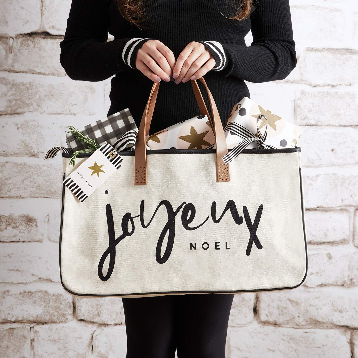 Santa Barbara Design Studio Tote Bag Holiday Collection Black and White 100% Cotton Canvas with Leather Handles, Joyeux Noel