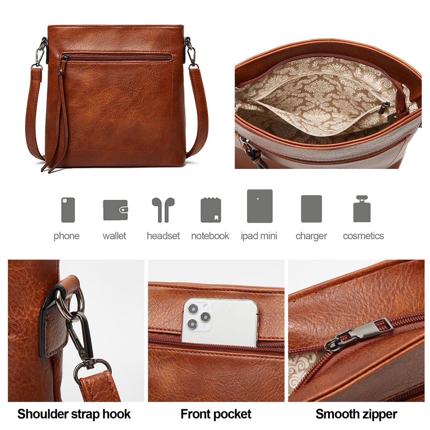 Auralith Soft Leather Handbags for Women - 3 Piece Set with Crossbody Purse & Wristlet, Large Hobo Bags for Work Travel Daily (Brown)