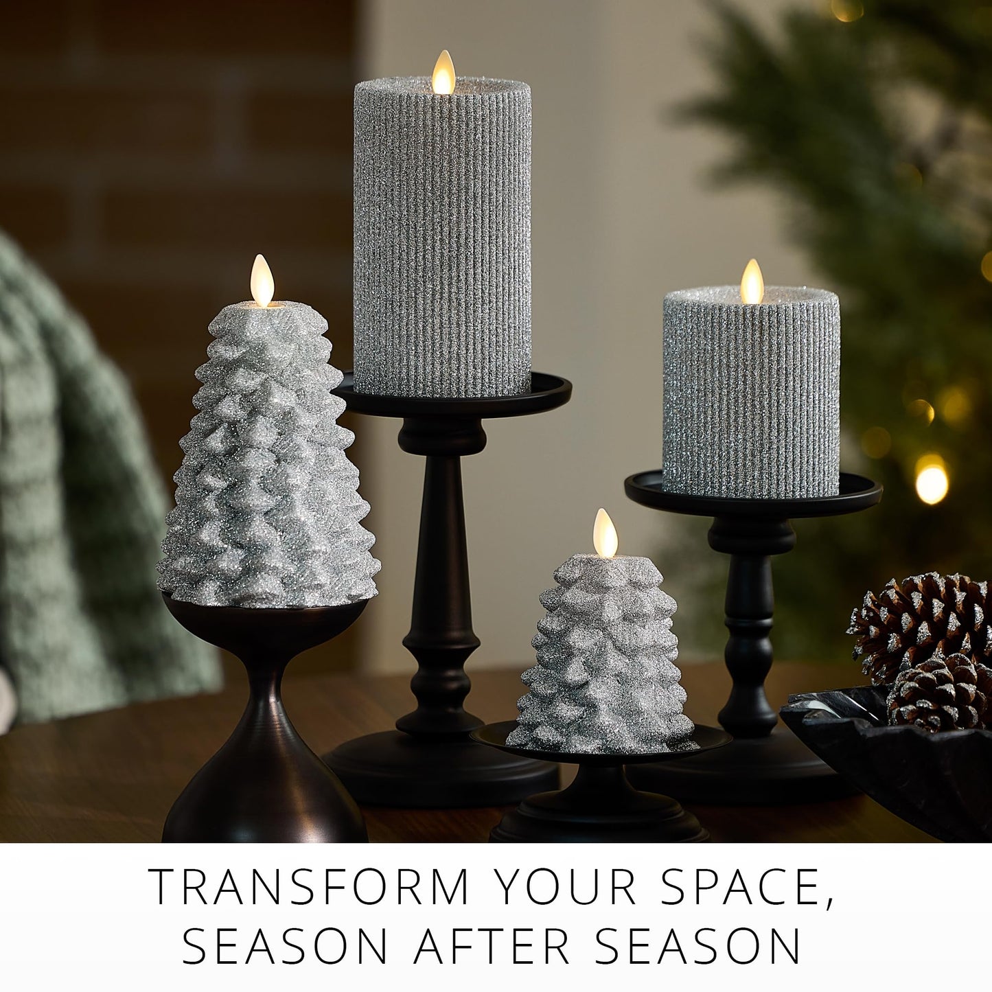Luminara Brilliant Silver Glitter Flameless LED Candle North Tree Moving Flame Pillar (3.8" x 6")