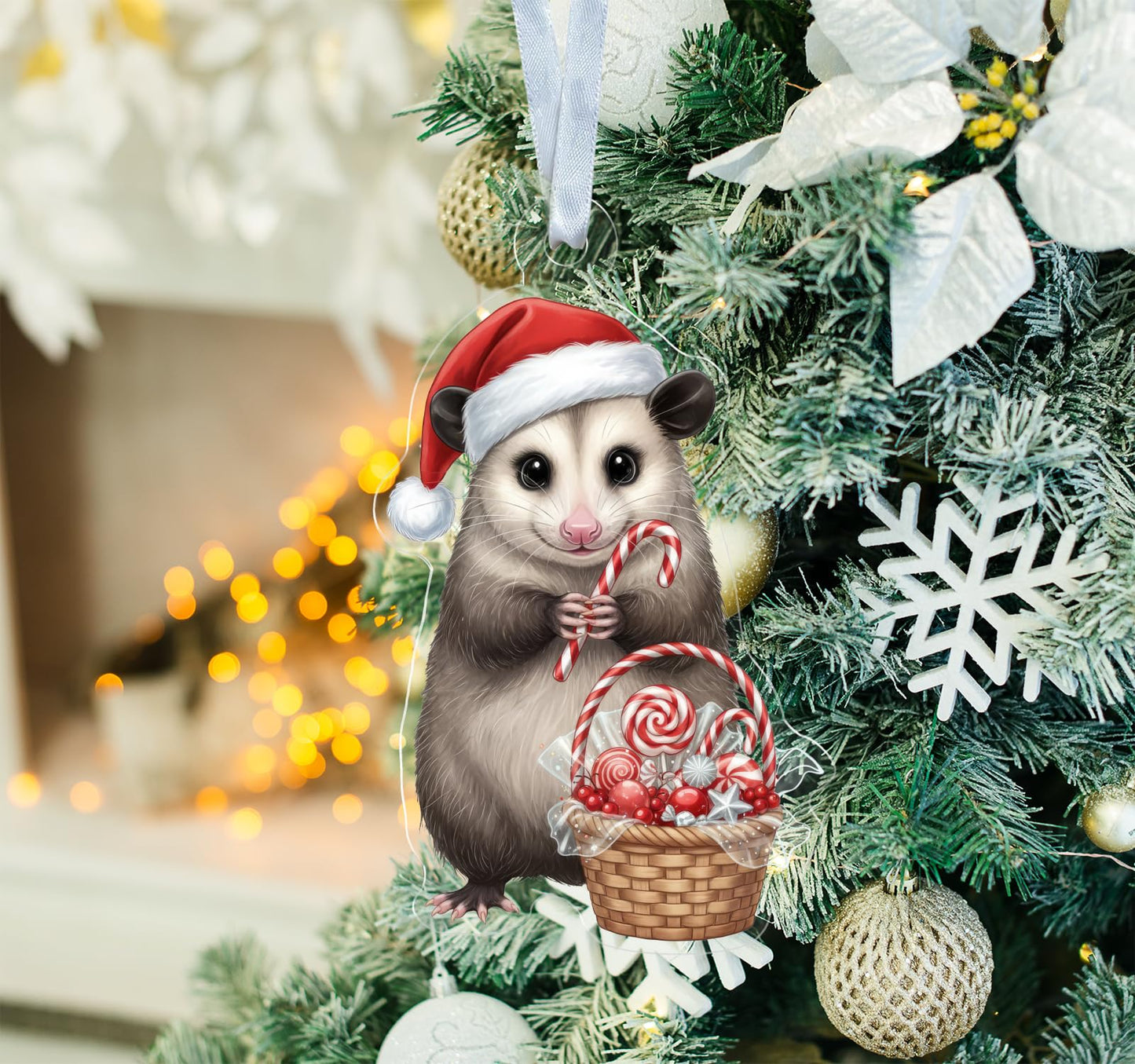 Opossum with Candy Cane Ornament - Shape Acrylic Decor - Cute Animal Ornament - Gift for Possum Lover - Xmas Tree Hanging Decor