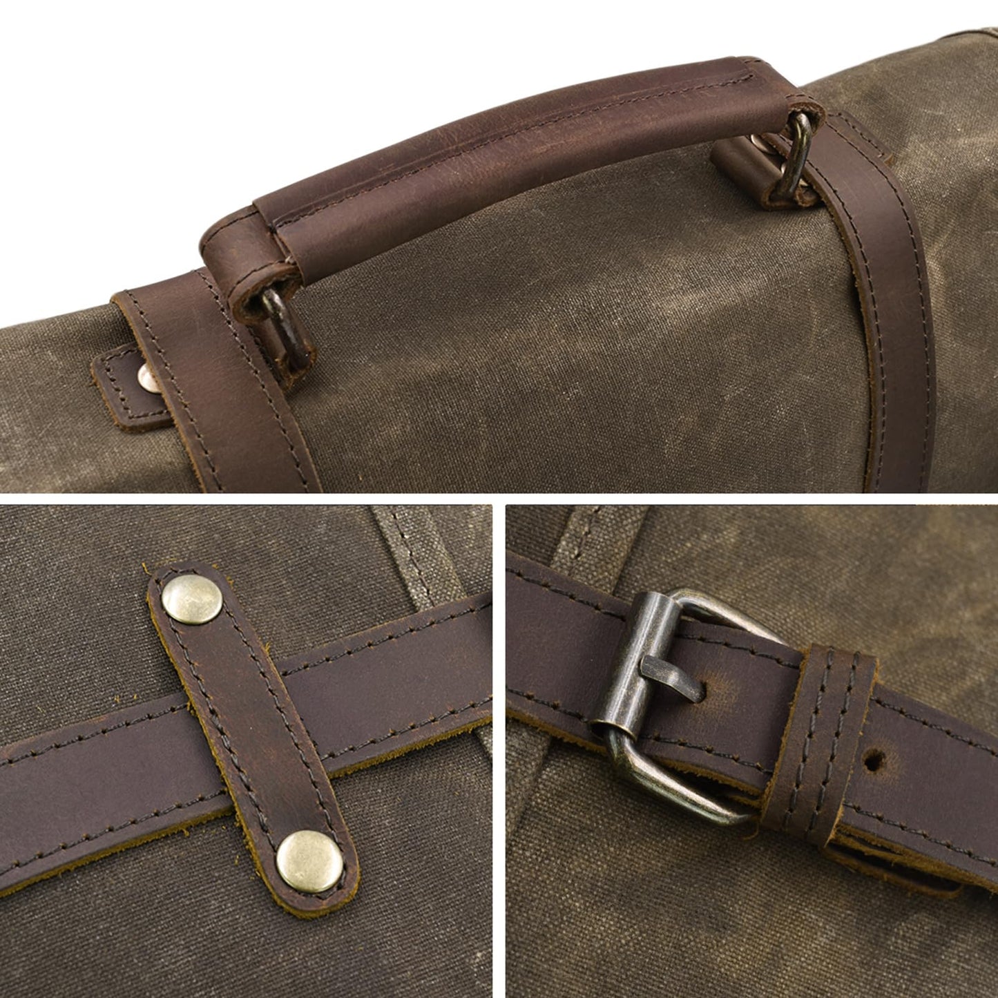 Mens Messenger Bag 15.6 Inch Waterproof Vintage Genuine Leather Waxed Canvas Briefcase Large Leather Computer Laptop Bag Rugged Satchel Shoulder Bag, Coffee