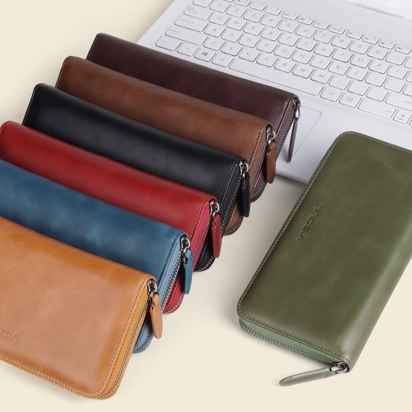 VISOUL Leather Long Zipper Pouch Wallet for Men and Women with RFID Blocking, Large Clutch Cash Long Wallet with Zipper (Brown)